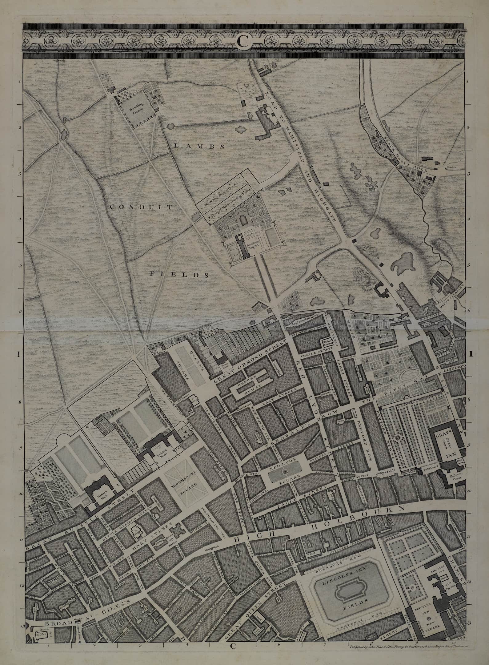 map of london showing fields and layout of streets in 1746