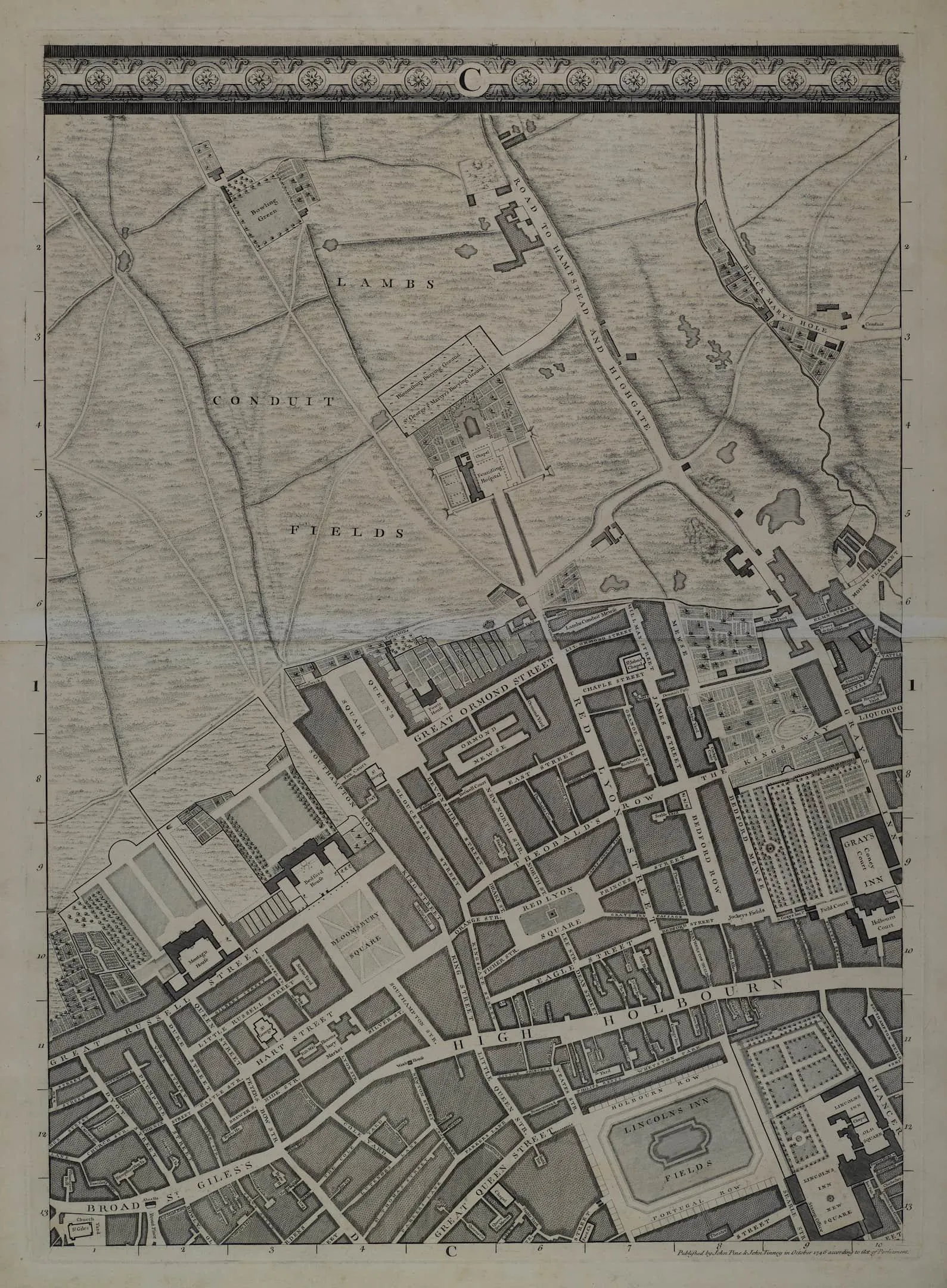 map of london showing fields and layout of streets in 1746