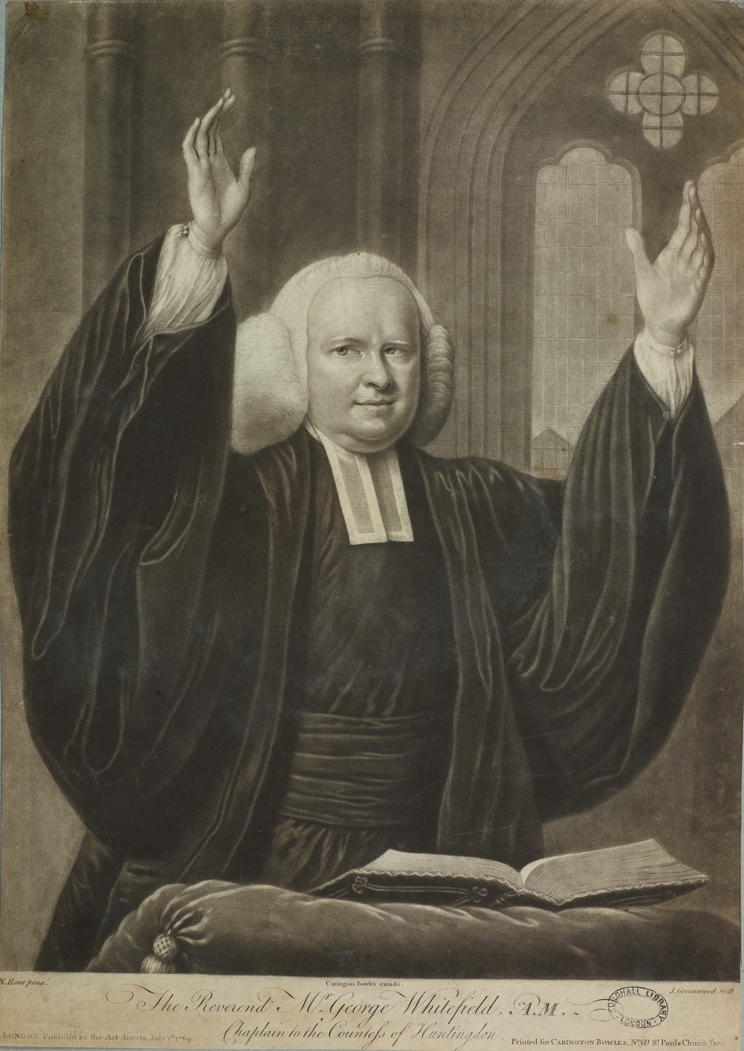 a preacher with raised hands and wig
