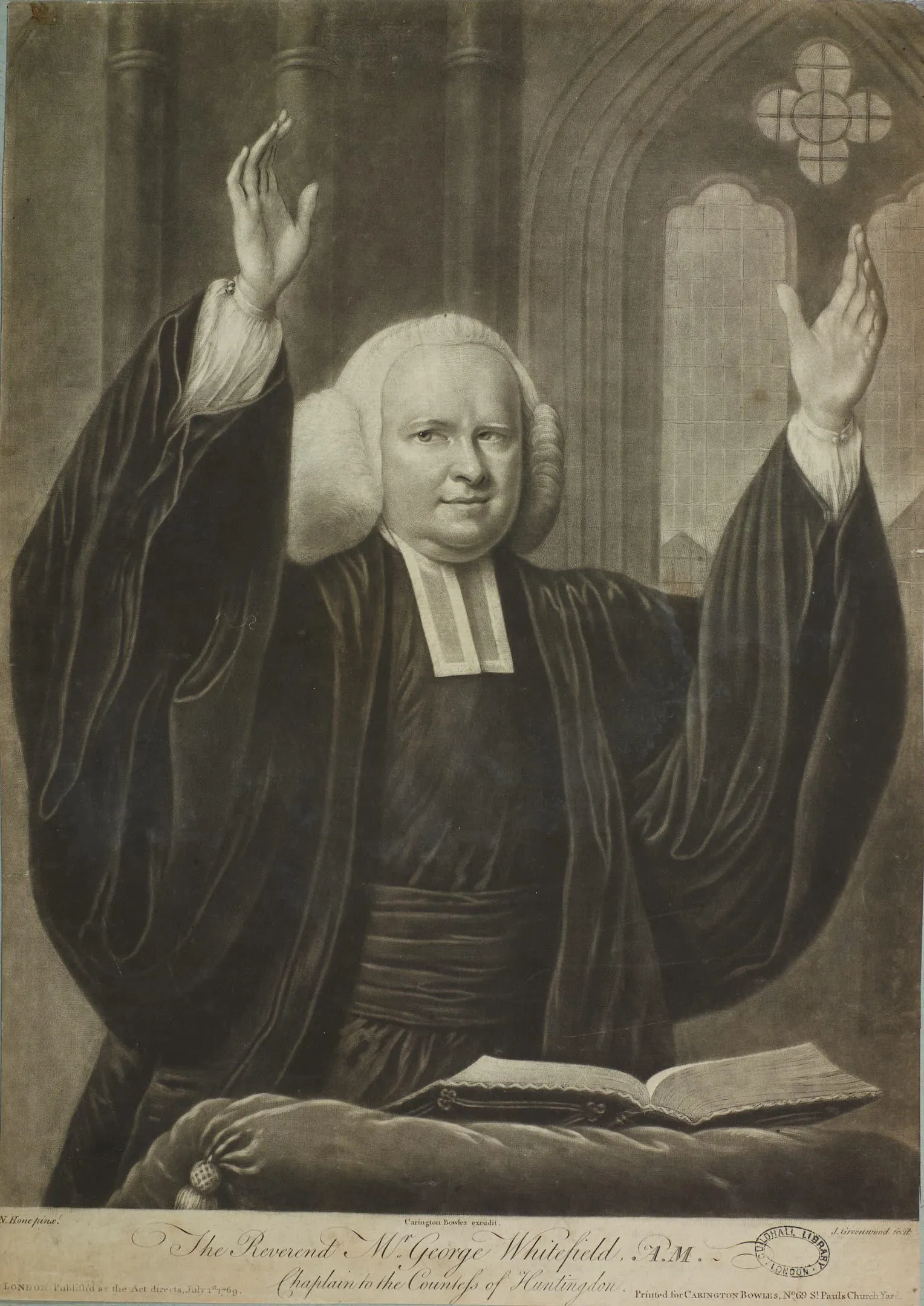 a preacher with raised hands and wig