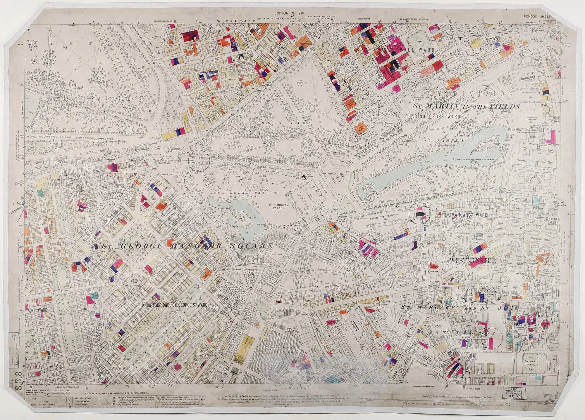 Part of the London County Council Bomb Damage Map, sheet 75 showing damage in Knightsbridge, 1945
