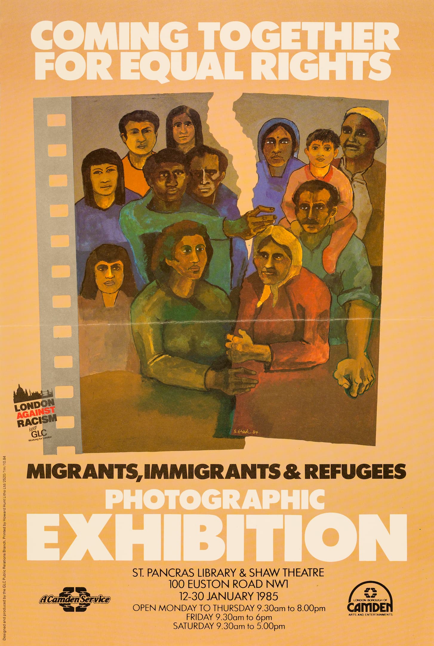 The poster includes a painting of a group of people, divided by a rip in the paper. 