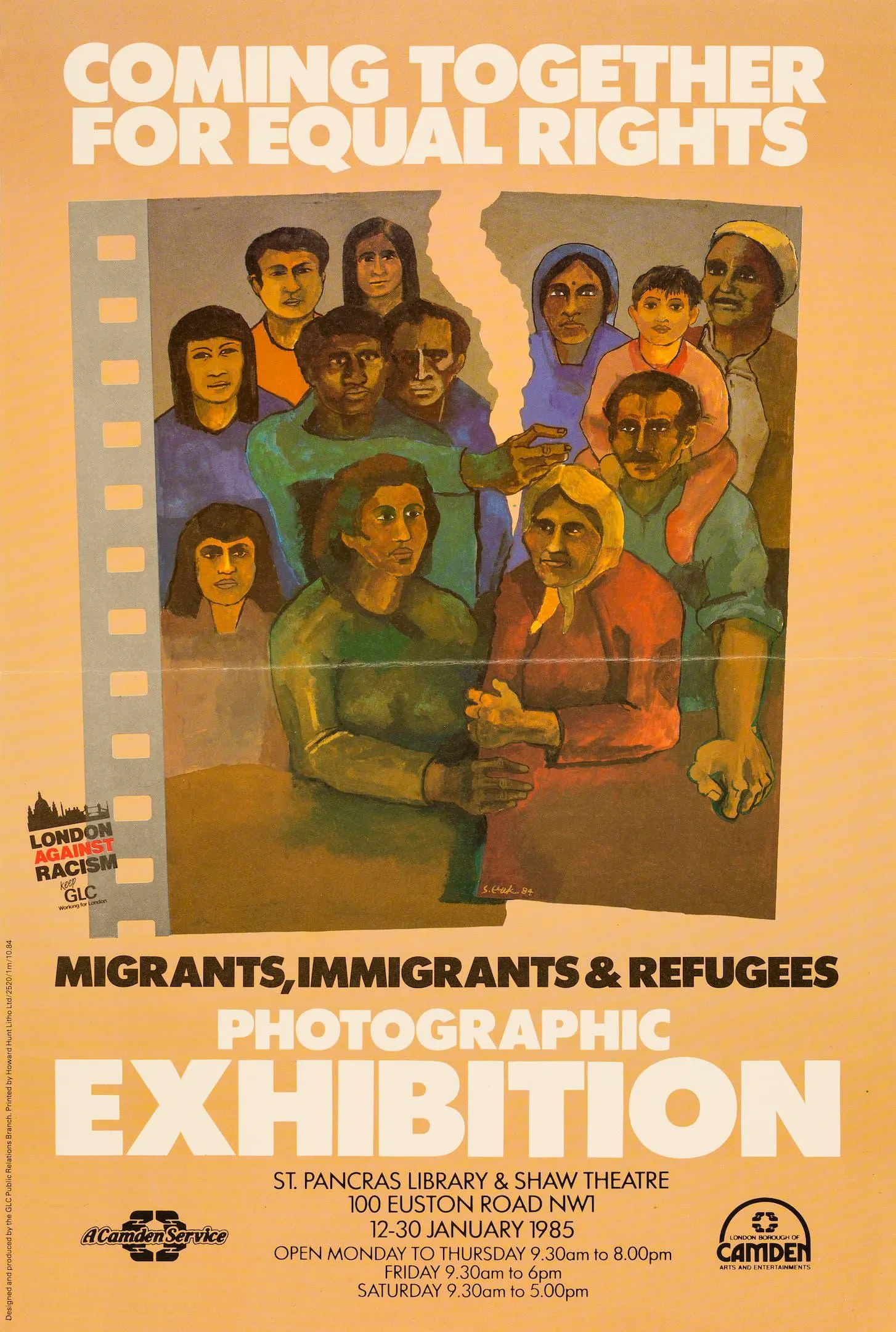 The poster includes a painting of a group of people, divided by a rip in the paper.