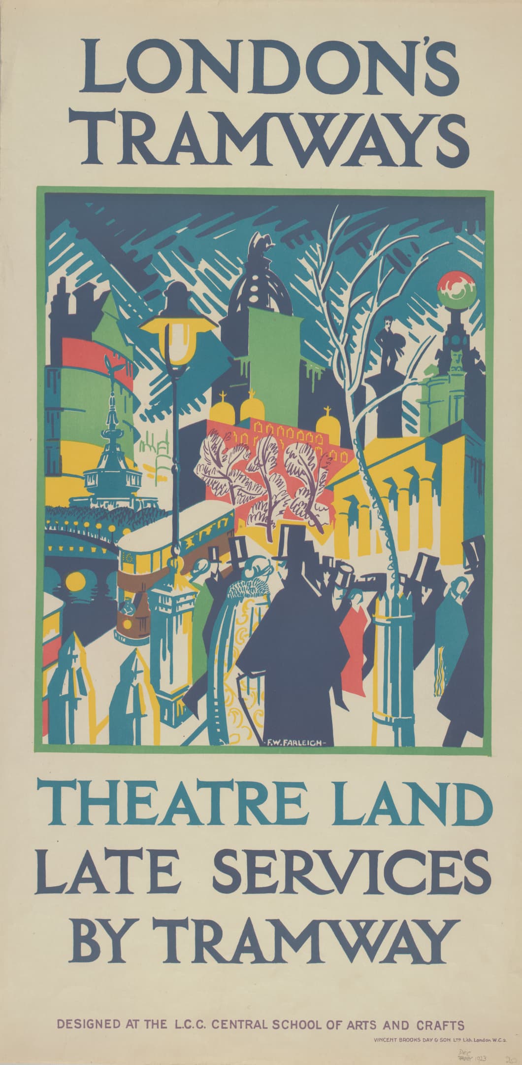 poster of a night time scene advertising london's tramways