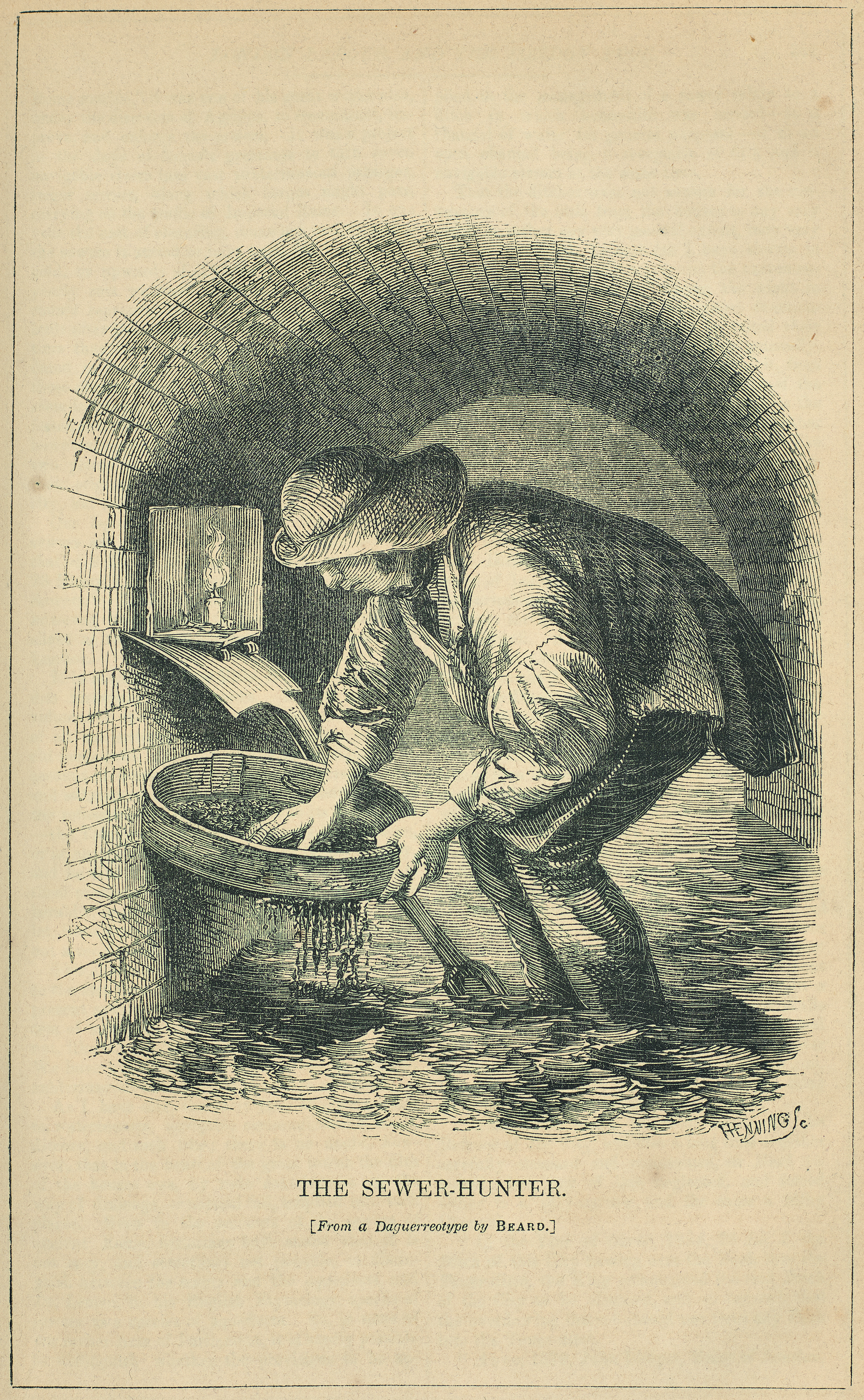 Wood engraving showing a man rifling through debris in a sewer