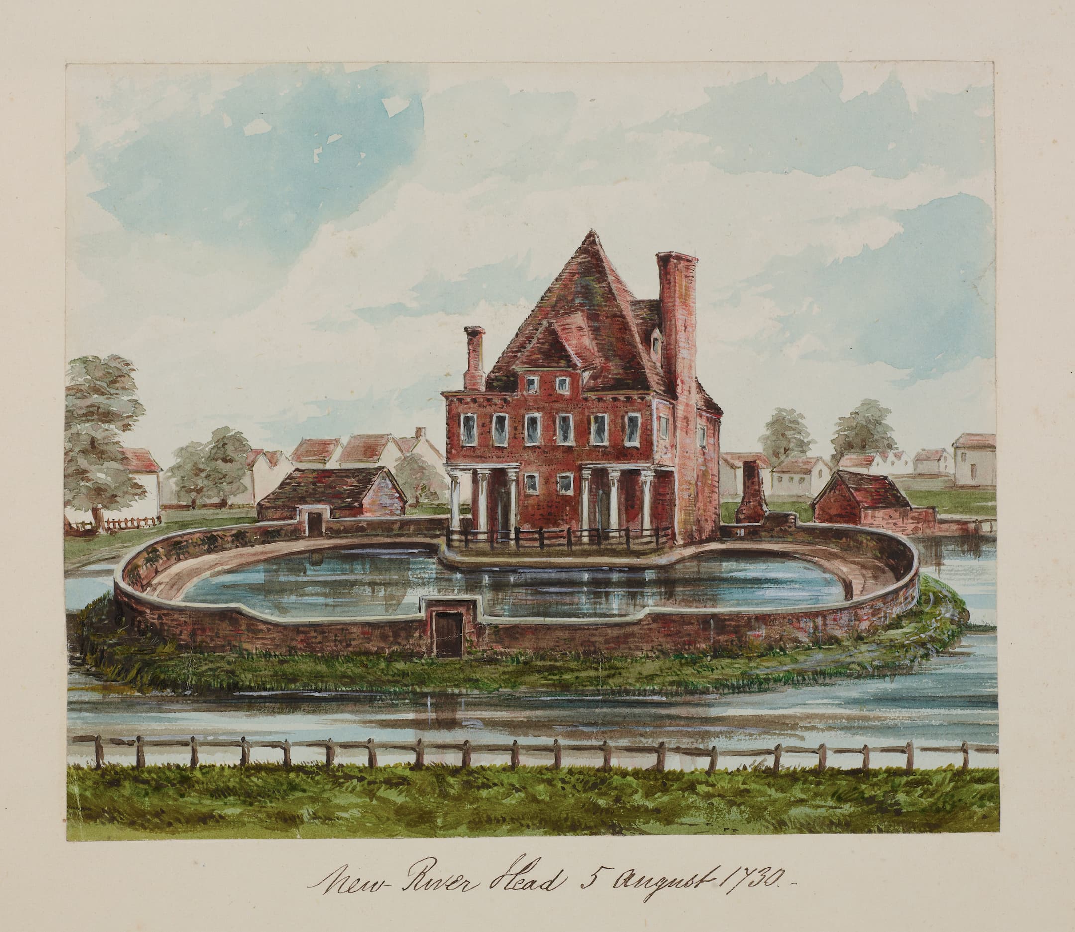 a building in the centre of a pond with water surrounding the walled pond