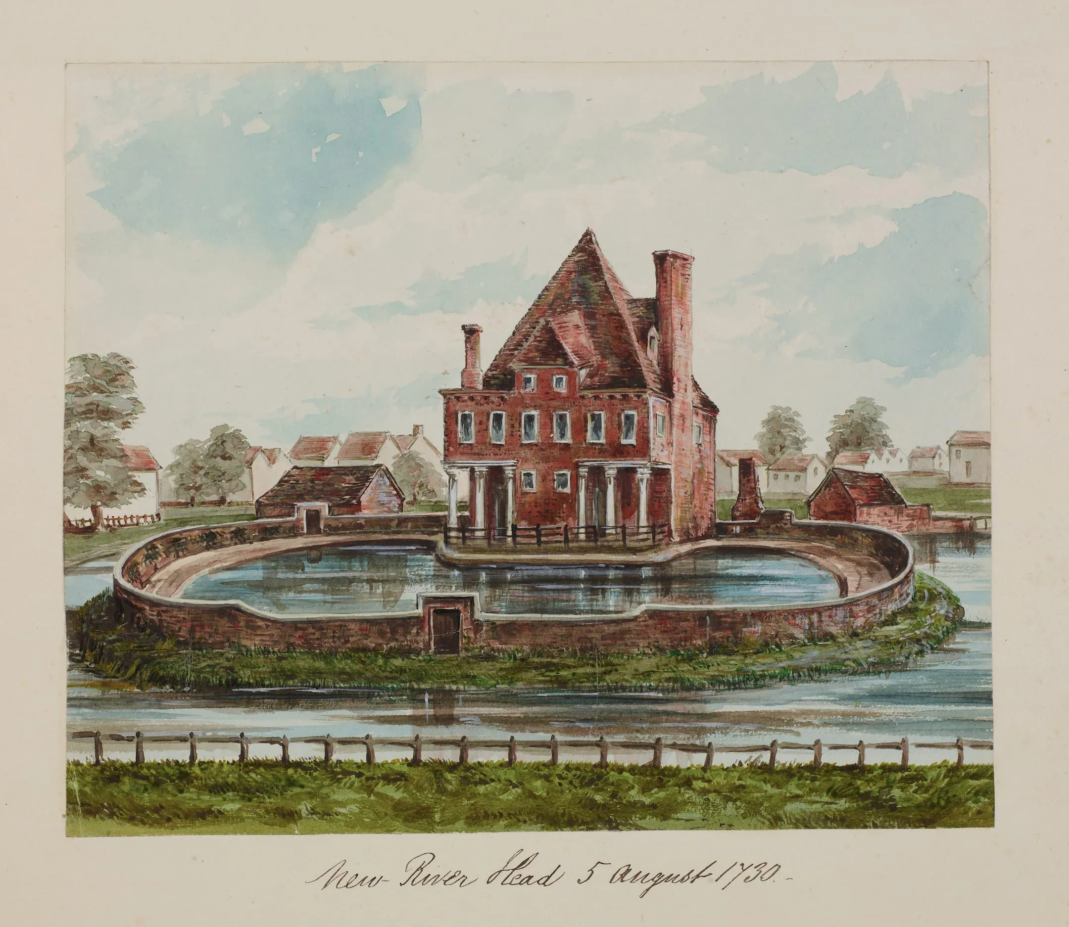a building in the centre of a pond with water surrounding the walled pond
