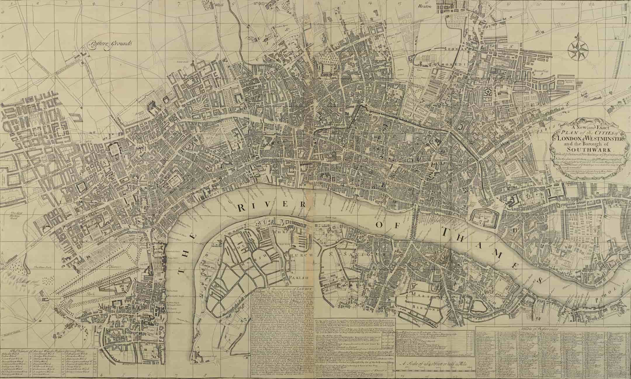 Large map of all of London, bottom right there are sections of writing. One titled "A Description of London"