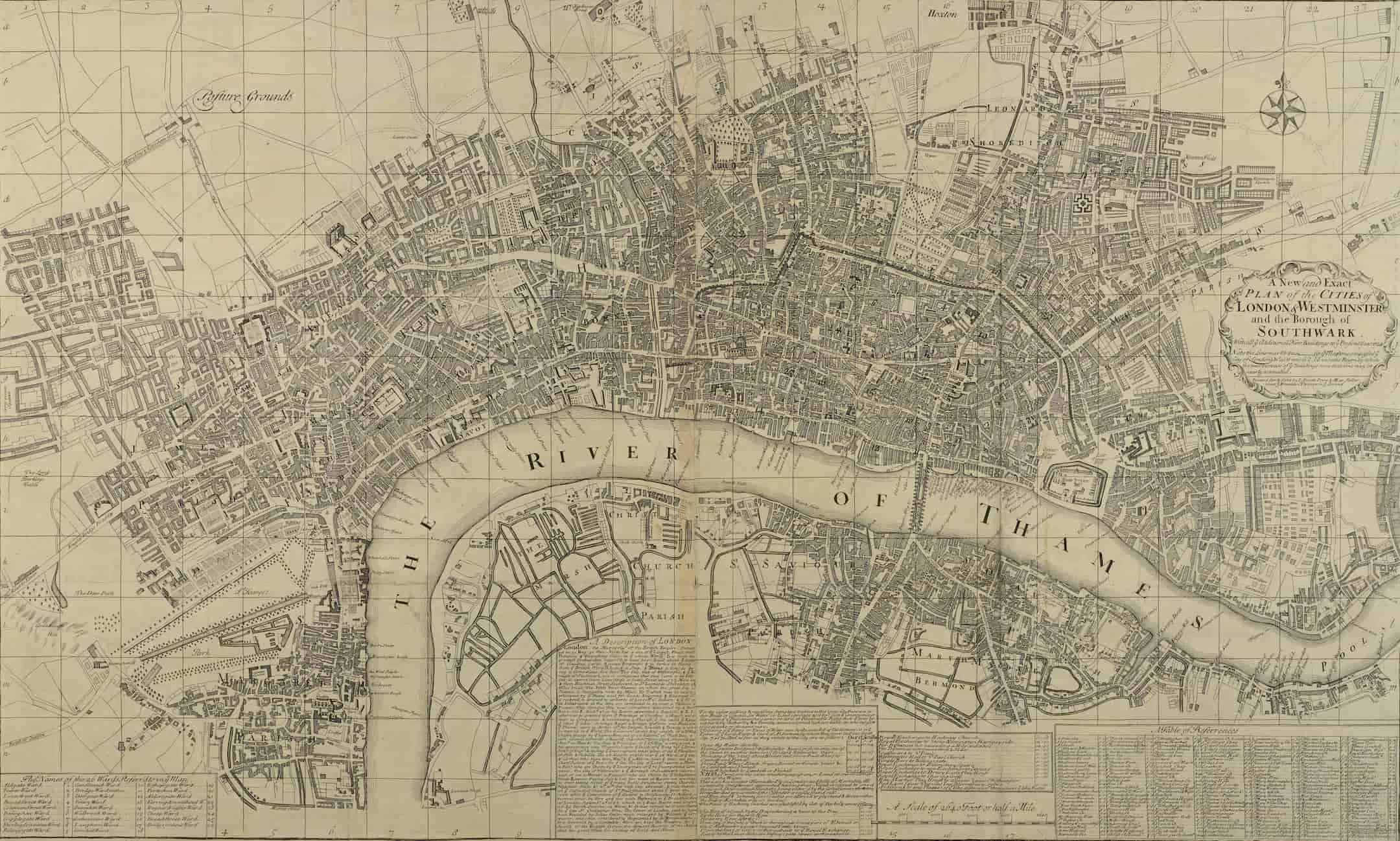 Large map of all of London, bottom right there are sections of writing. One titled "A Description of London"