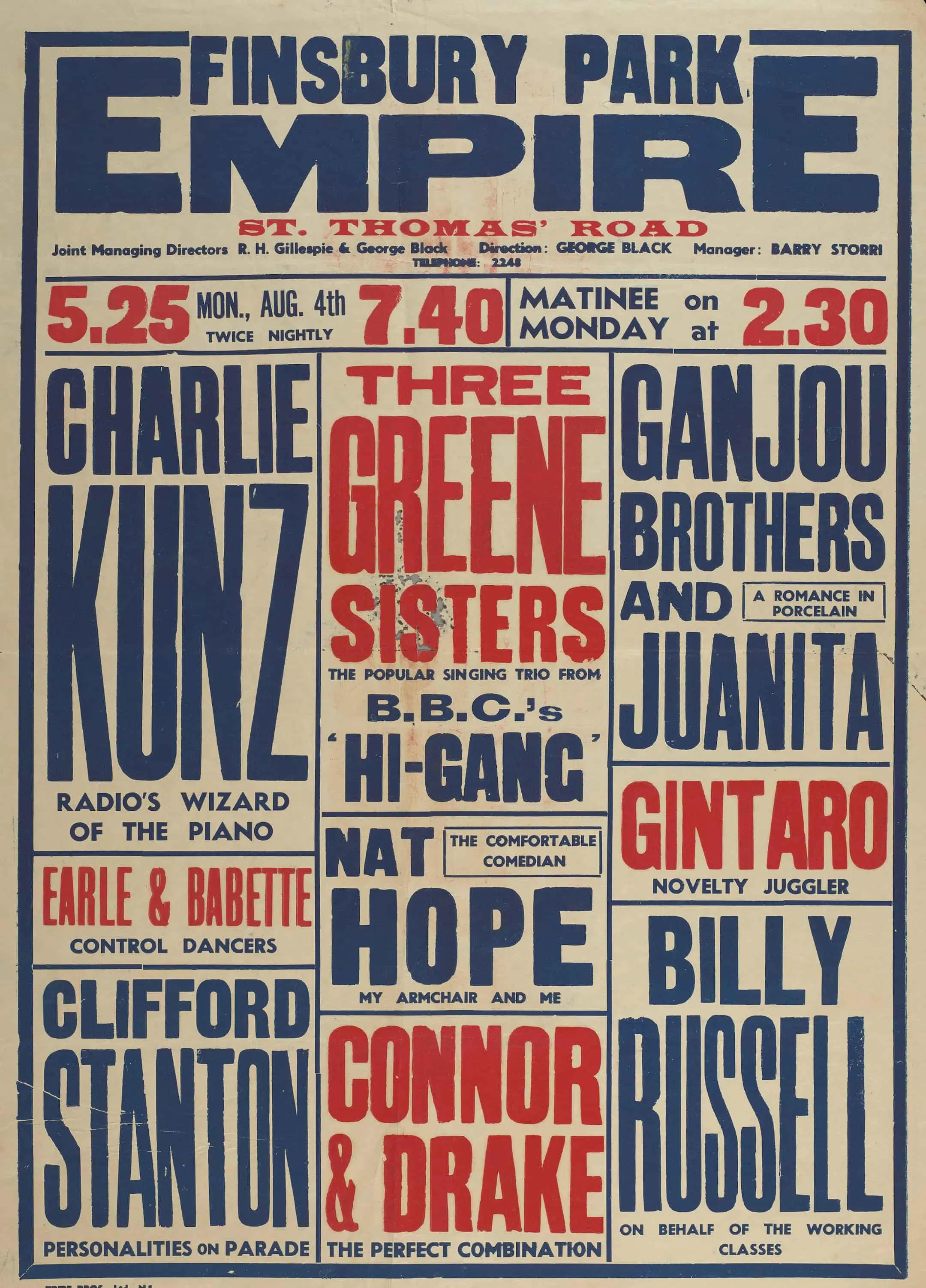 Theatre posting naming forthcoming acts, with dates and times.
