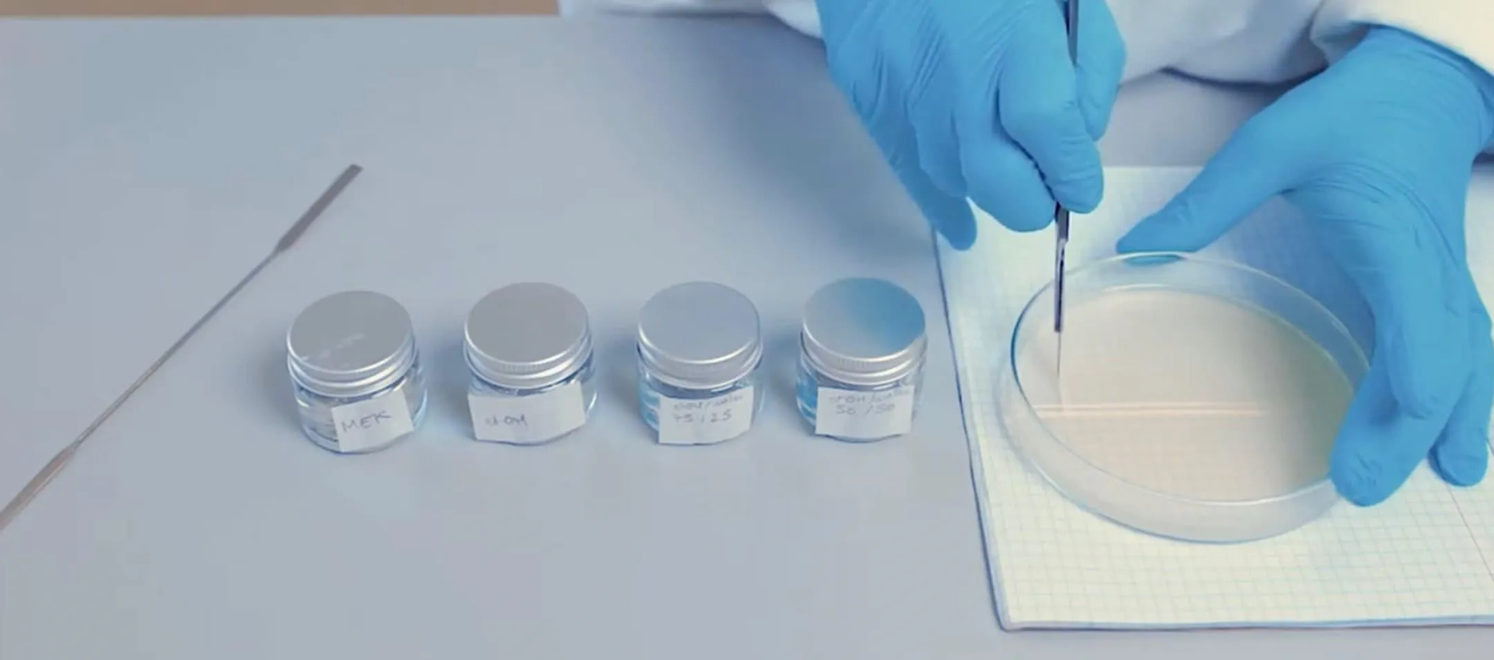 Gloved hands preparing clear gel in round transparent dish