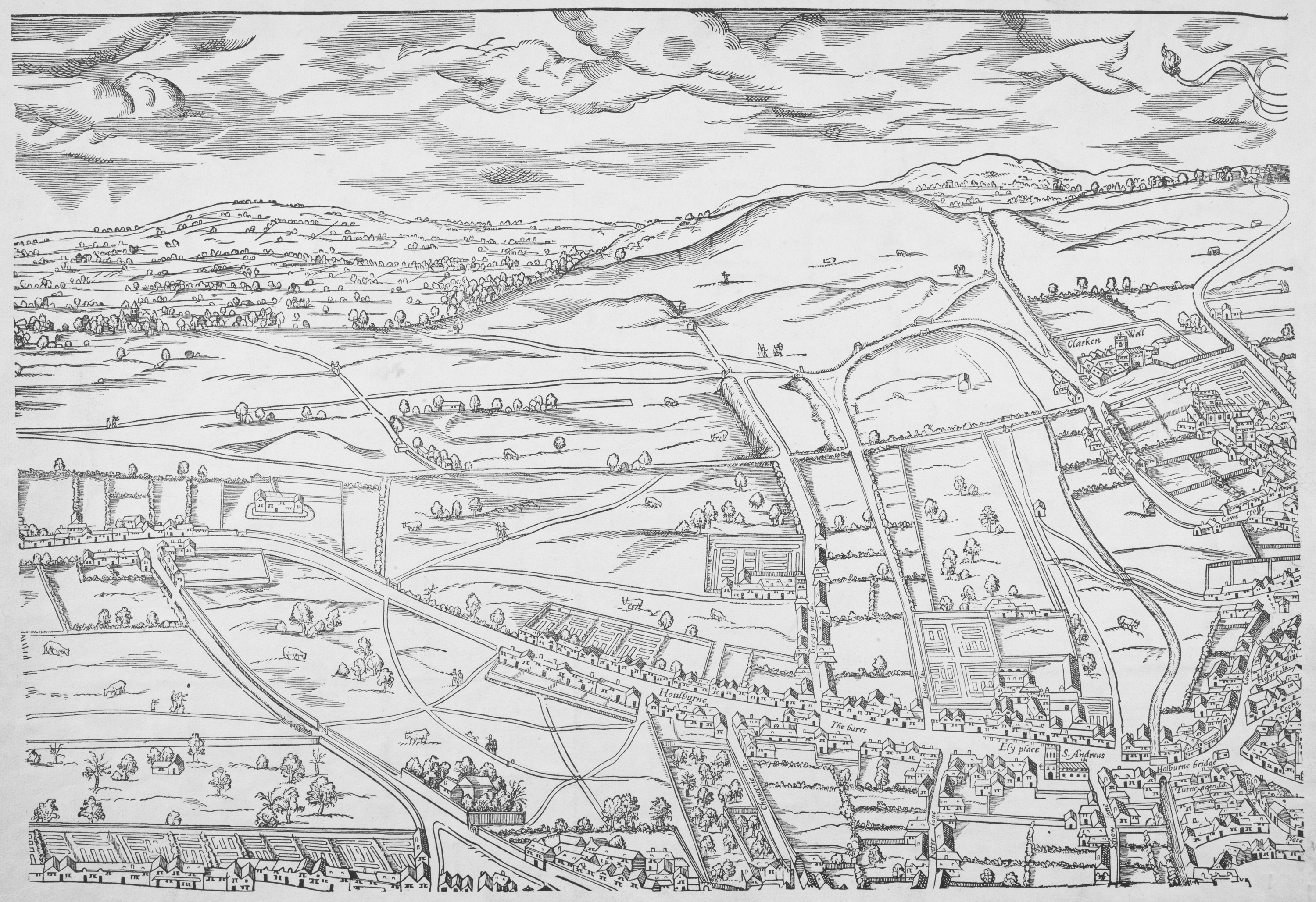 Map drawing of London showing fields and roads 