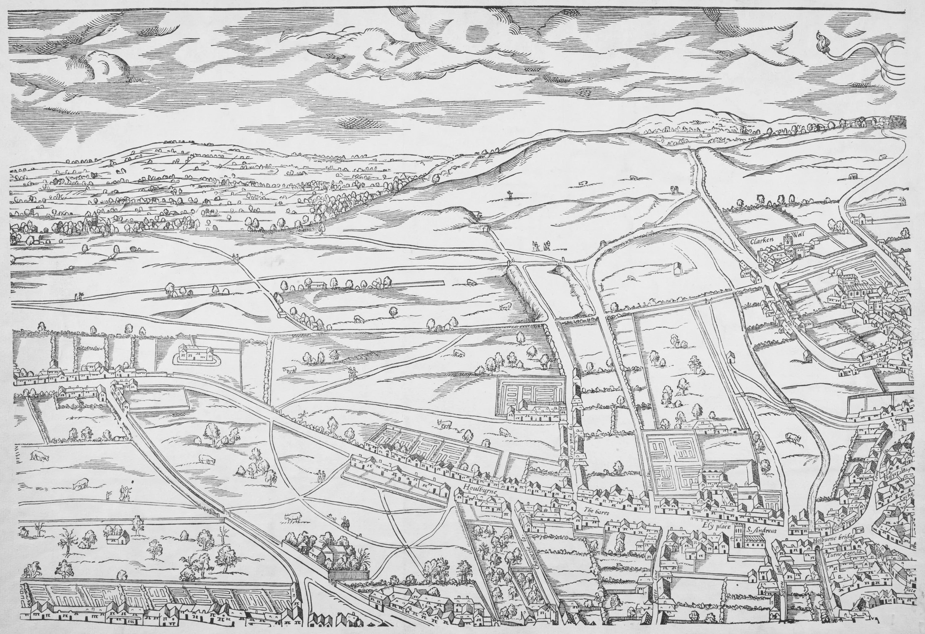 Map drawing of London showing fields and roads