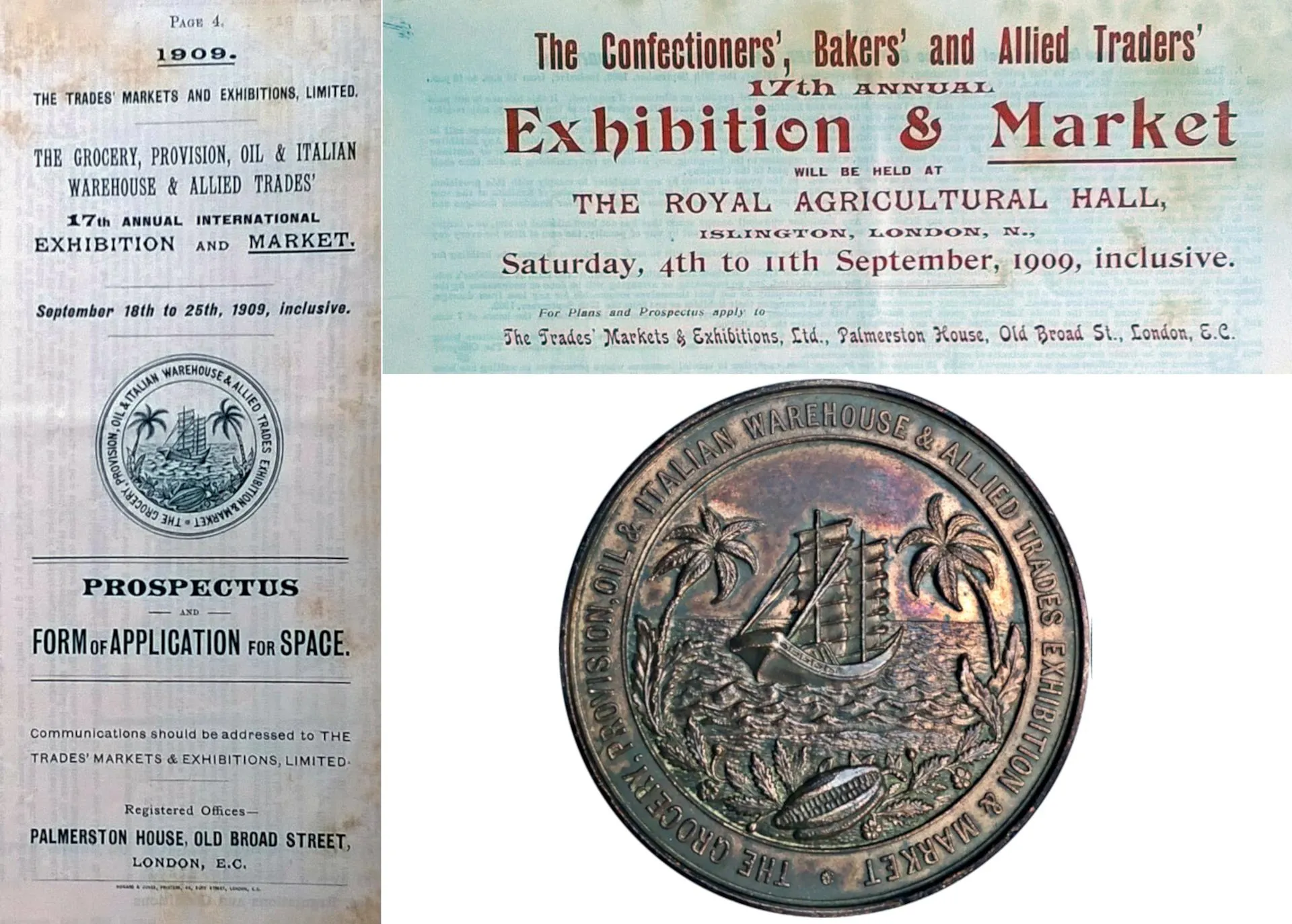 Image of a prospectus for the Royal Agricultural Hall and medal with a ship and palm trees from 1909.