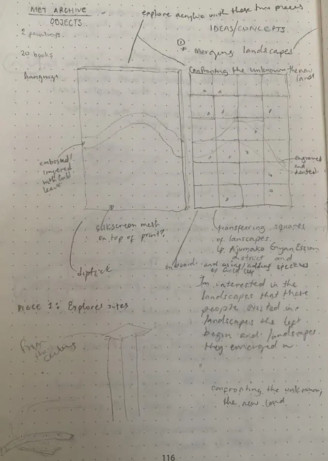 A notebook with drawings of proposed artwork