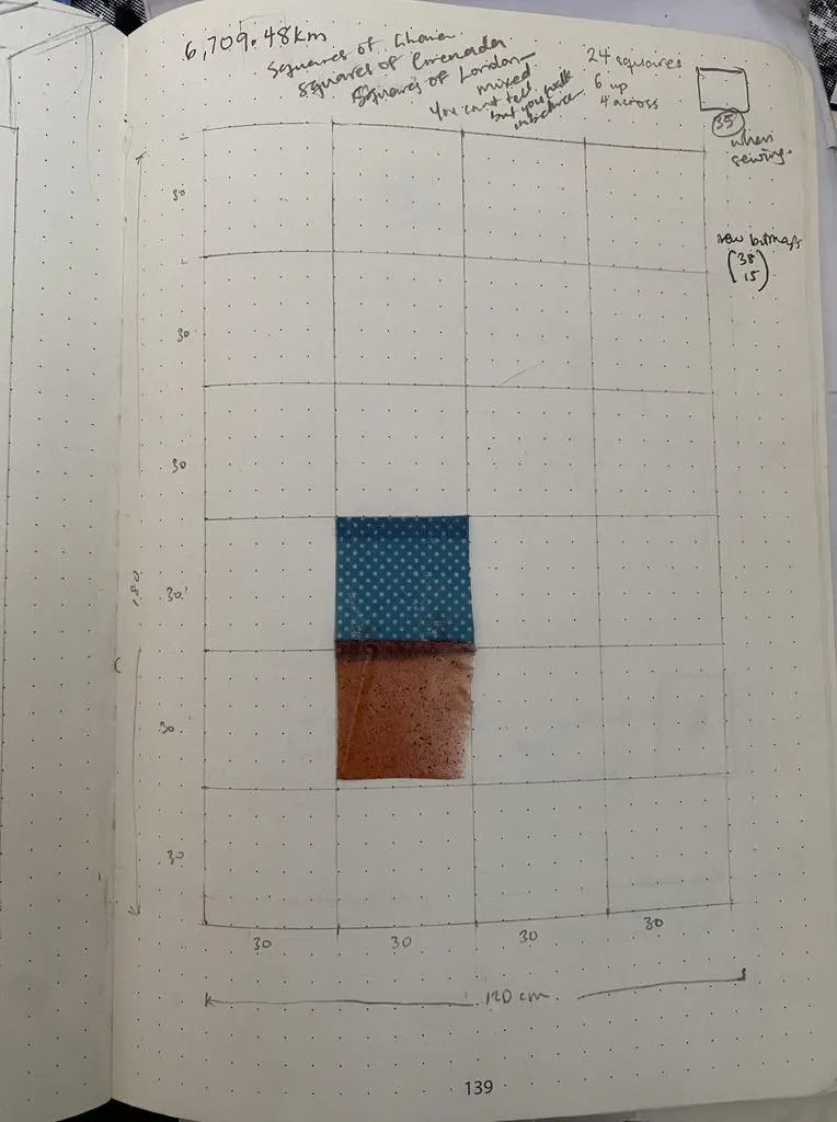 A grid on graph paper with two of the squares filled with coloured pieces of fabric.