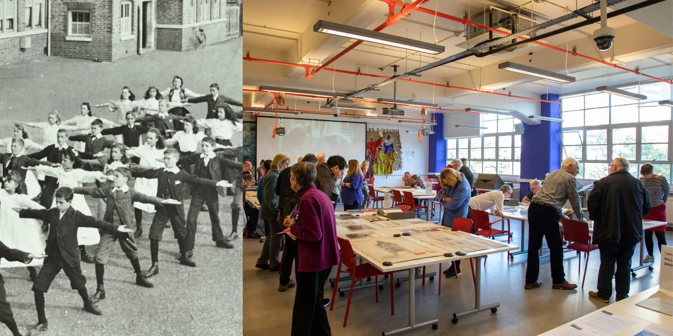 Victorian children exercising in a playground, with a view of an Archives on Show event taking place