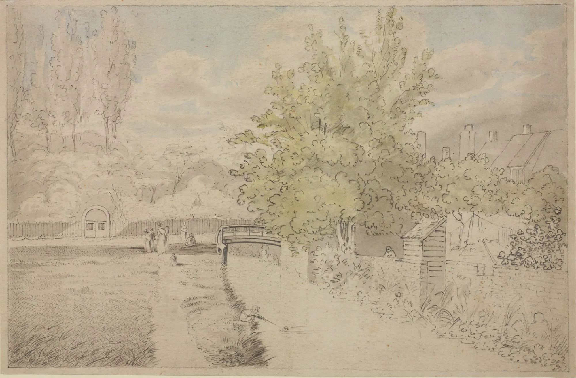 a drawing of a canal and a bridge and trees in the background