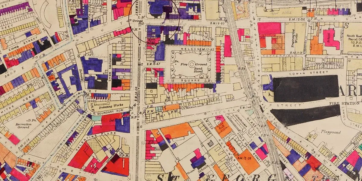 Bomb damage map showing colour codes for damage