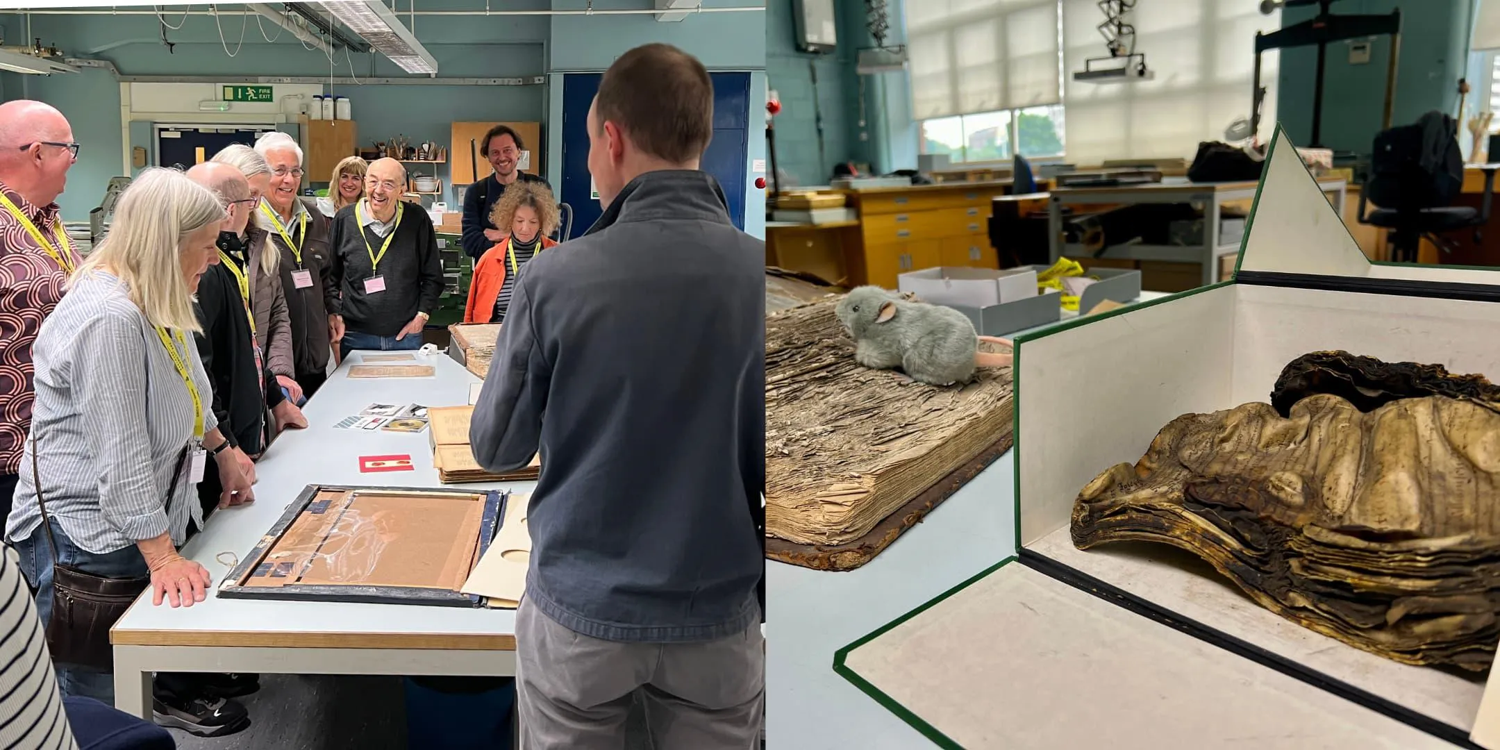 Visitors being shown around the conservation studio, with an inset showing a damaged document