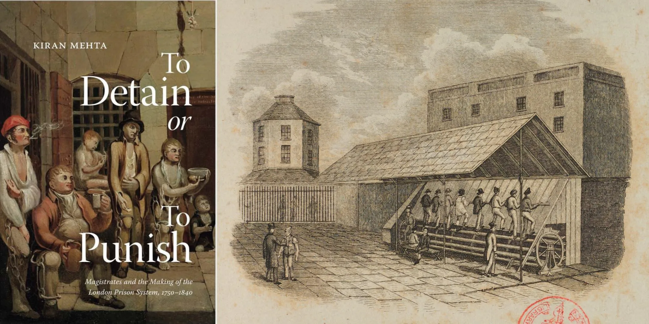 Book cover for 'To detain or Punish' and an engraving showing prisoners on a treadmill