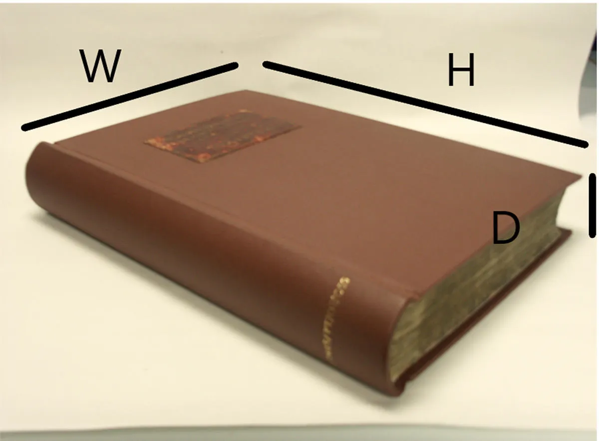 Image showing a book and the dimensions required for ordering a box