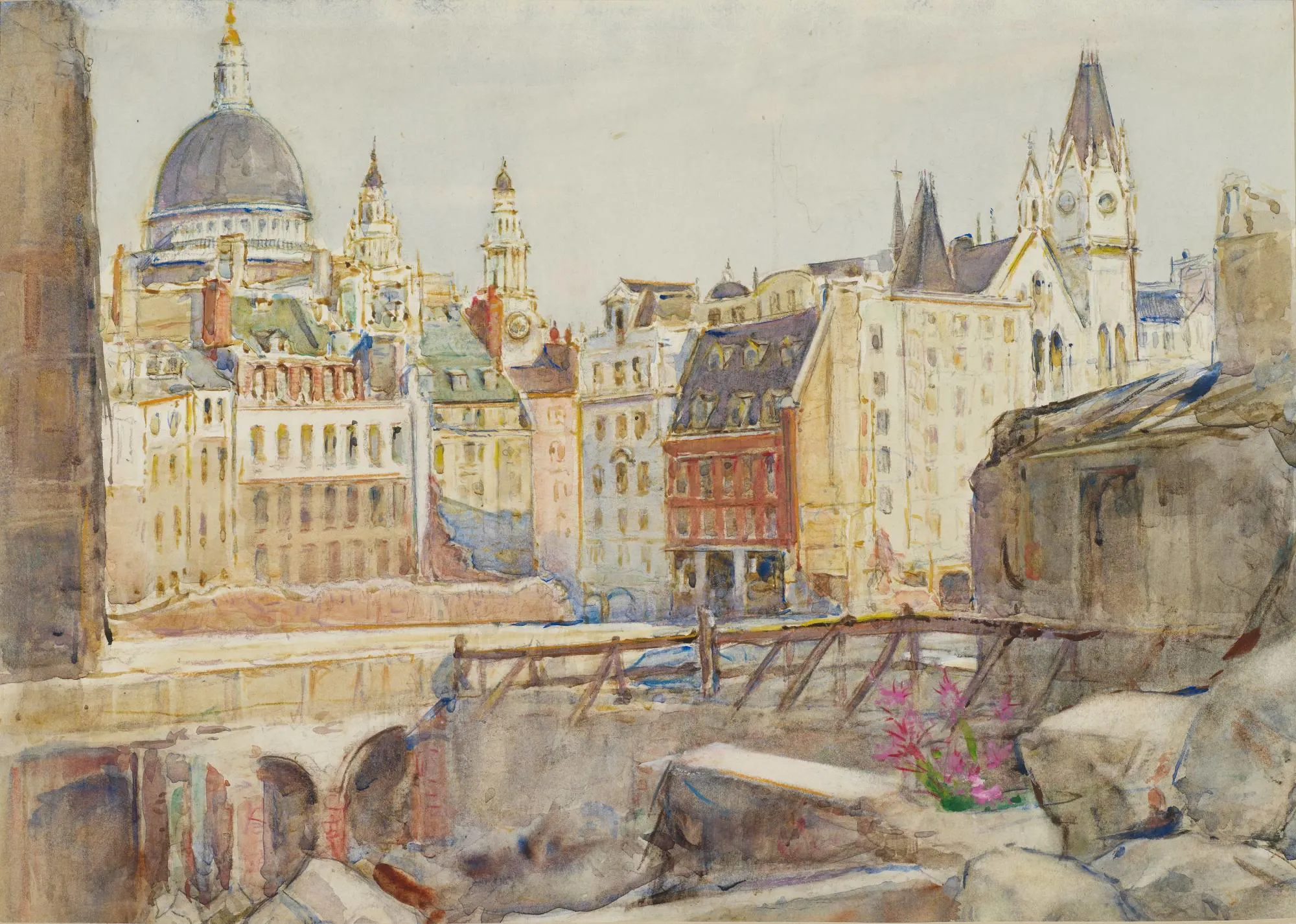 a painting of ruins and flowers blooming in with St Paul's Cathedral in the background