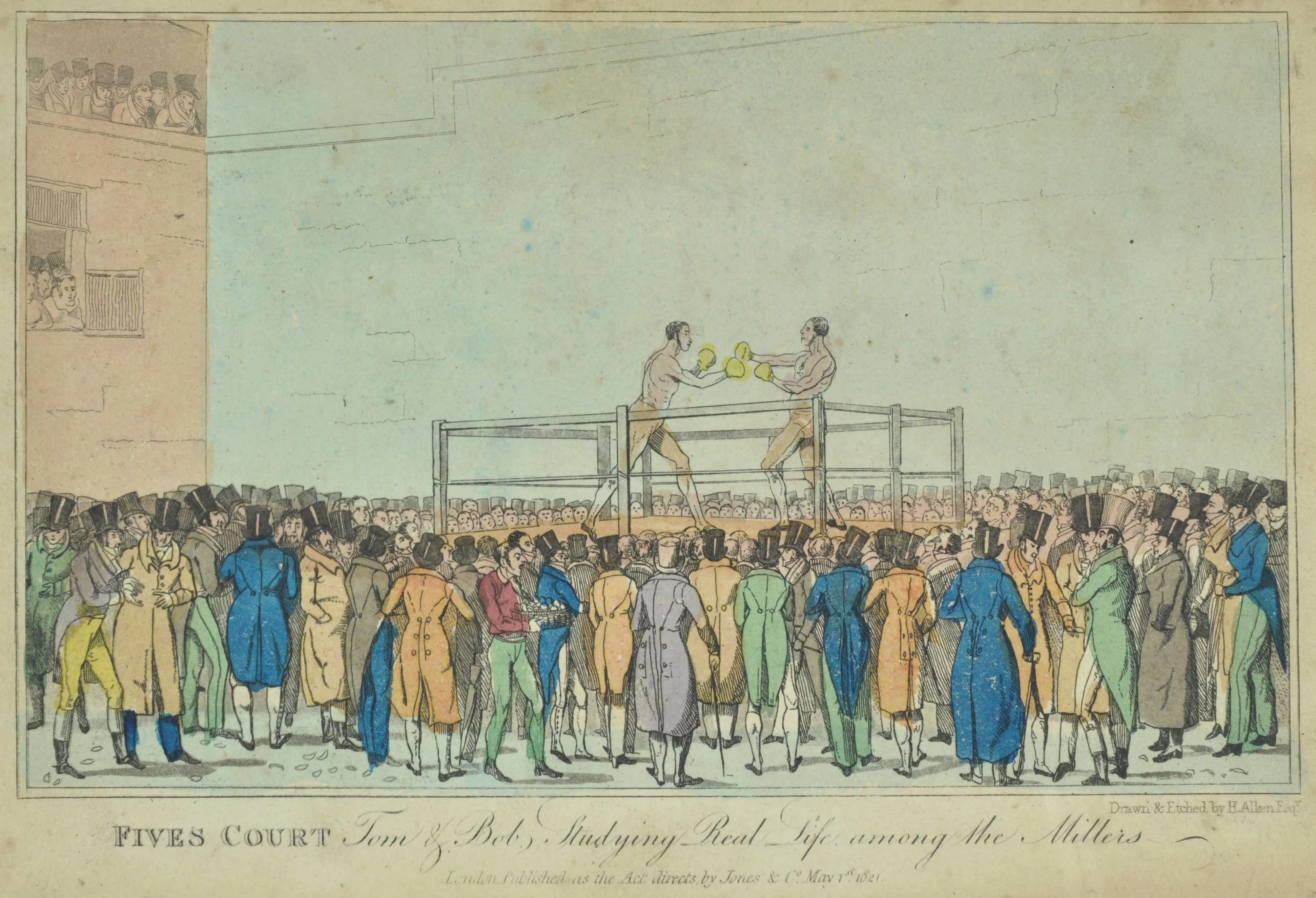 a boxing match surrounded by men in long coloured coats and top hats