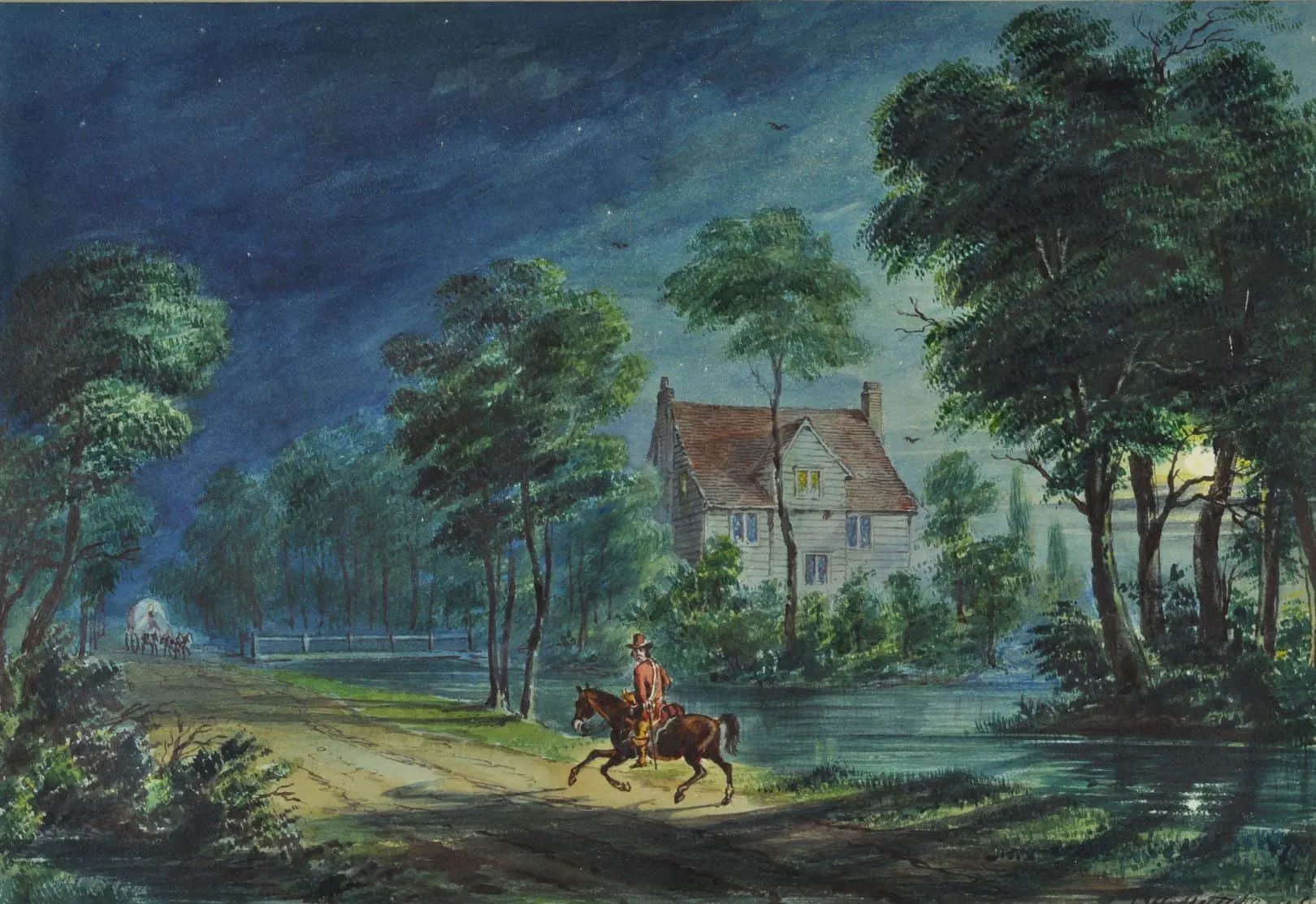 a man on horseback down a lane at night with an a coach and horses approaching