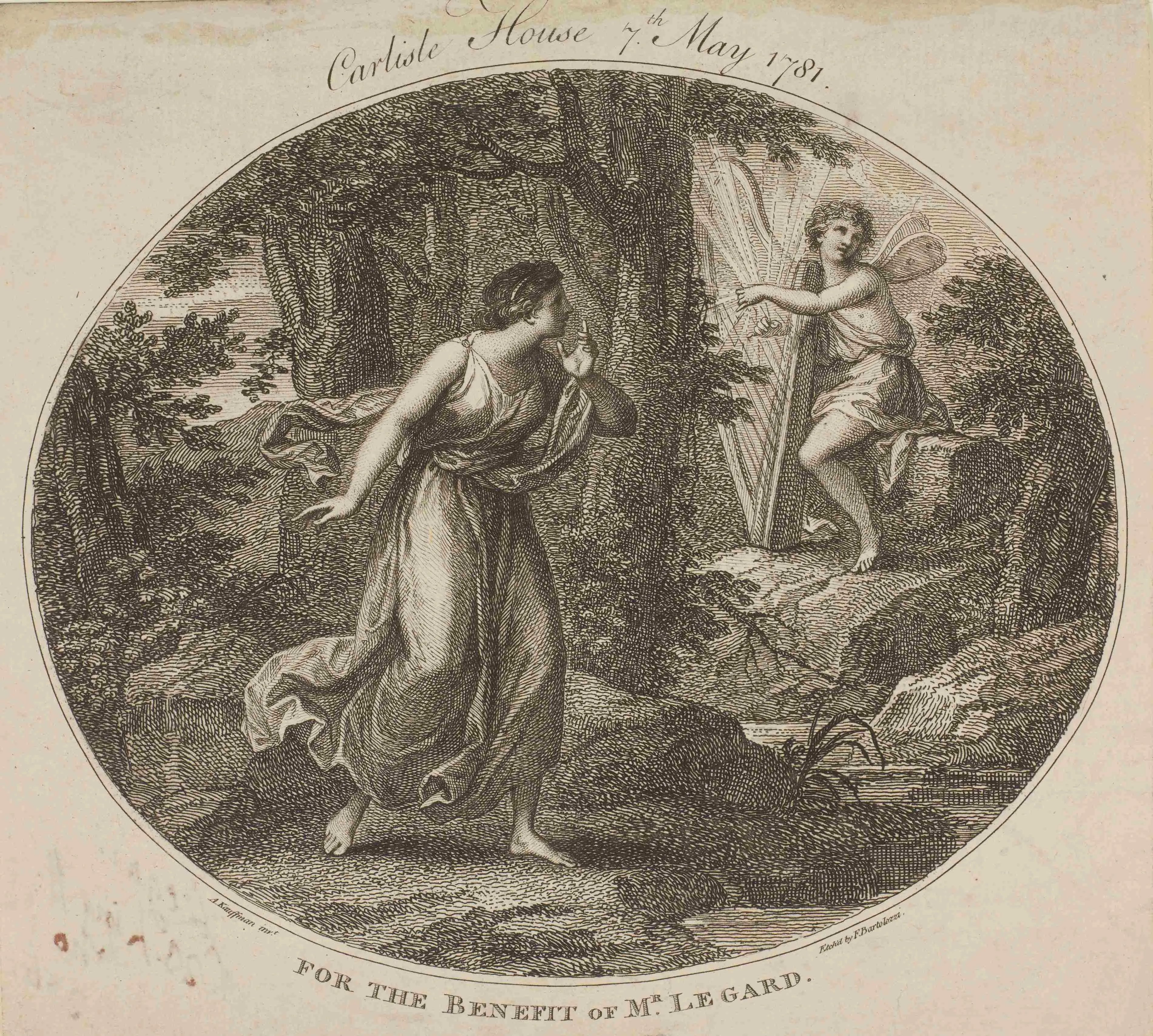 advertisement for a benefit at Carlisle House, a winged figure plays a harp in a wooded scene with a woman looking on