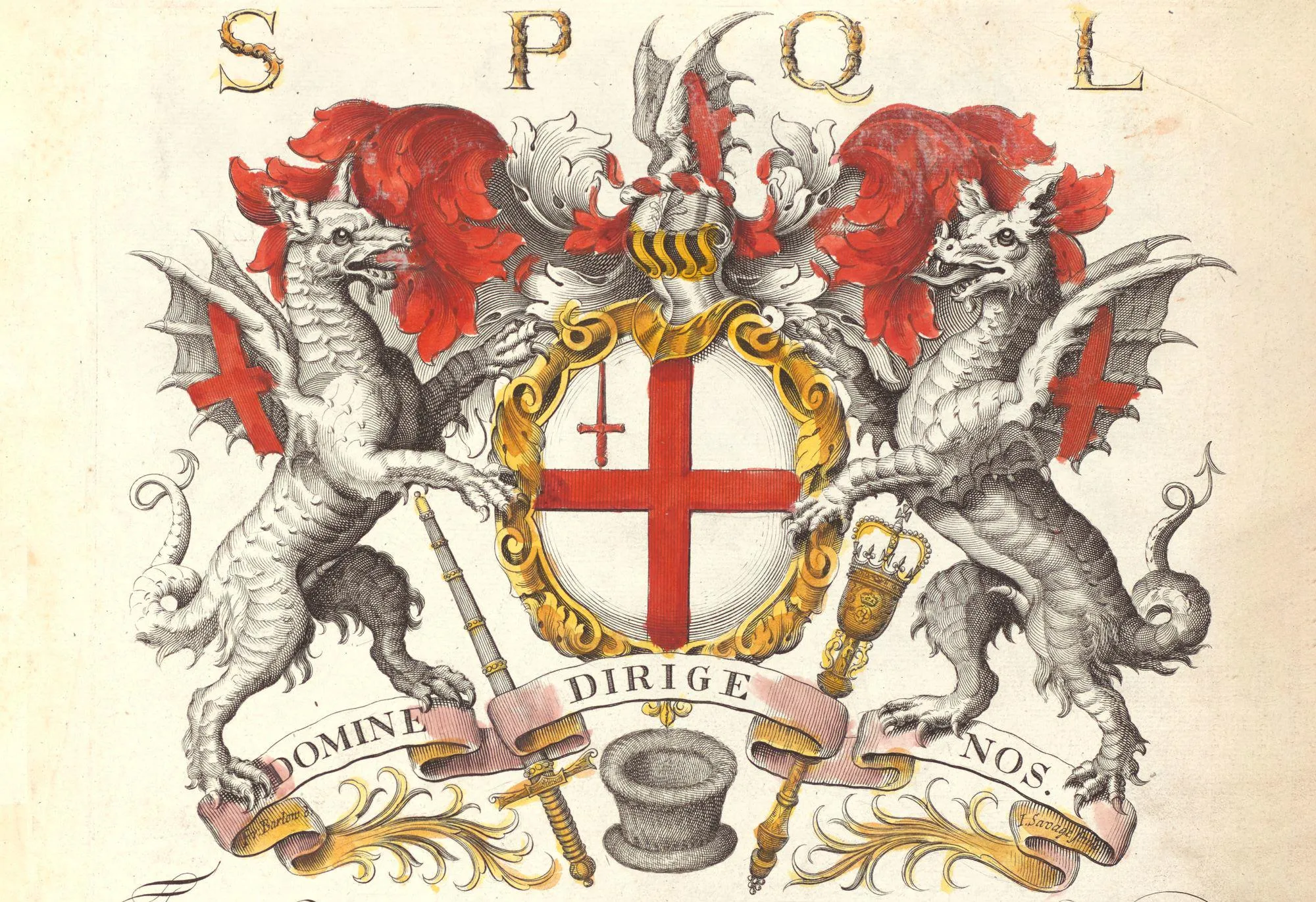 Dragons either side of a shield