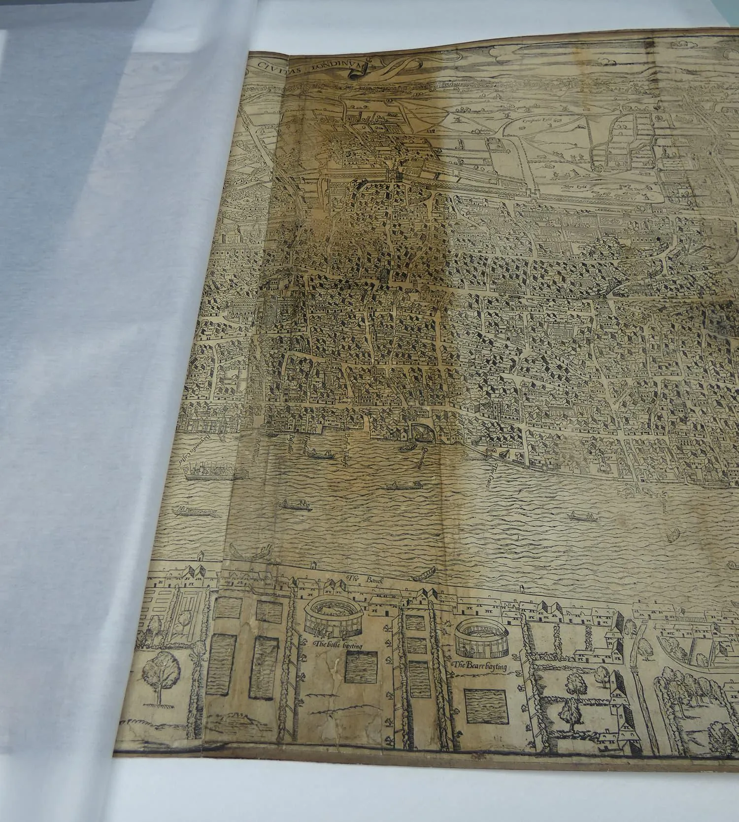 Civitas Londinum map laid on a table after conservation washing has been completed