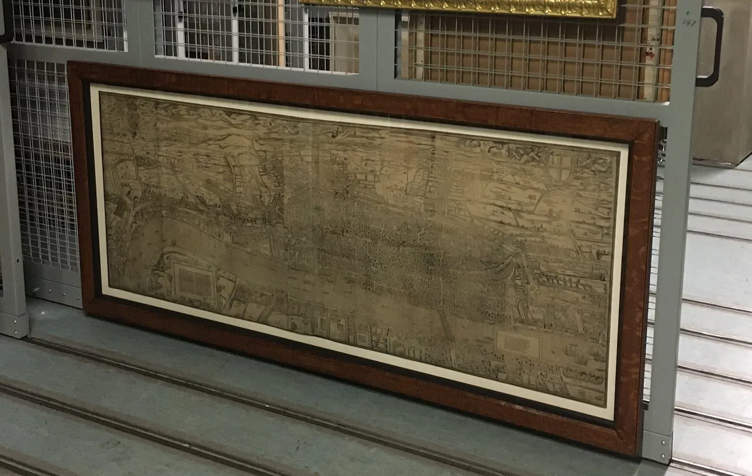 Civitas Londinum map in frame prior to conservation treatment