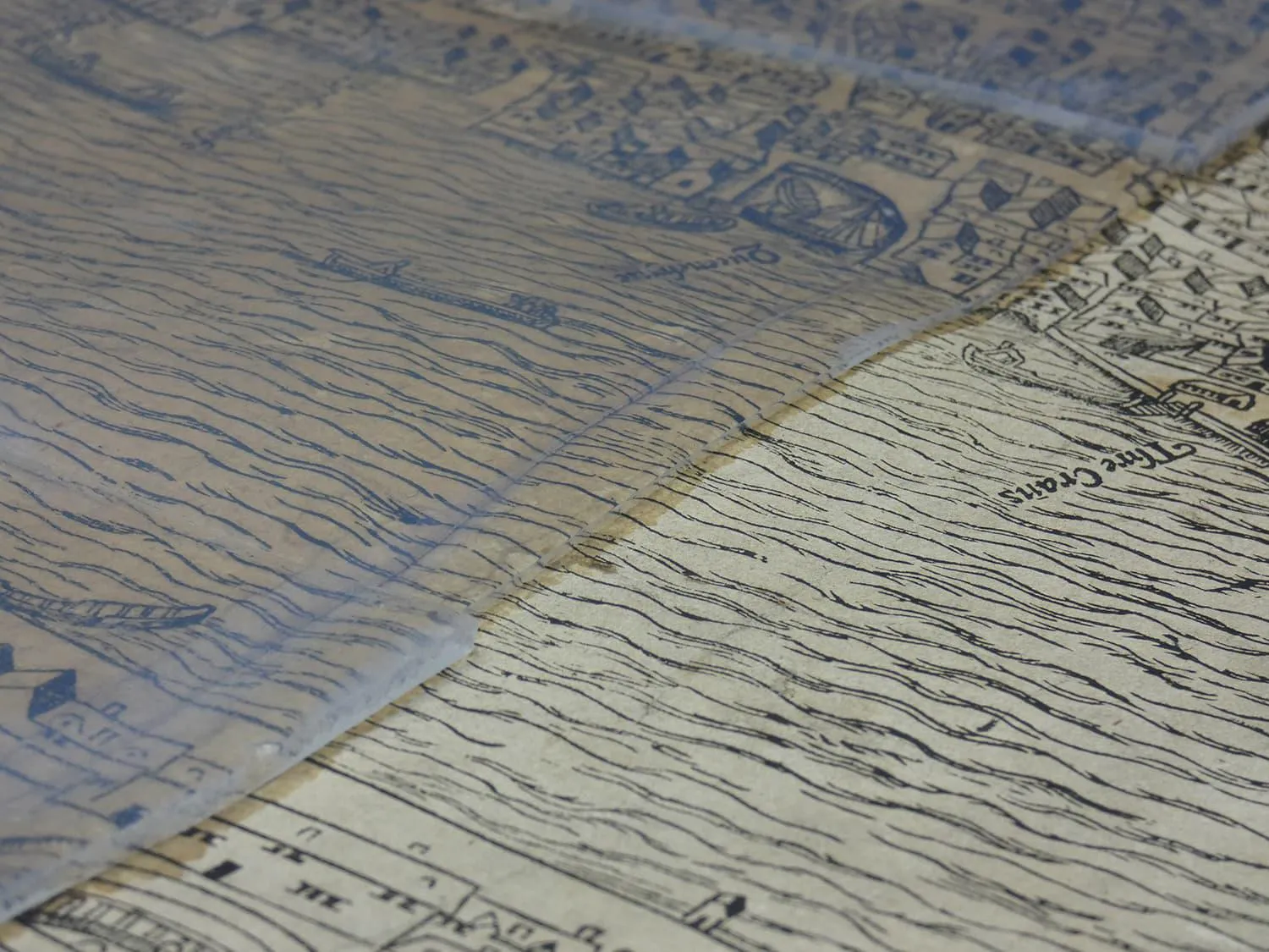 Close up view of the Civitas Londinum map with agarose conservation gel laid in a strip on top