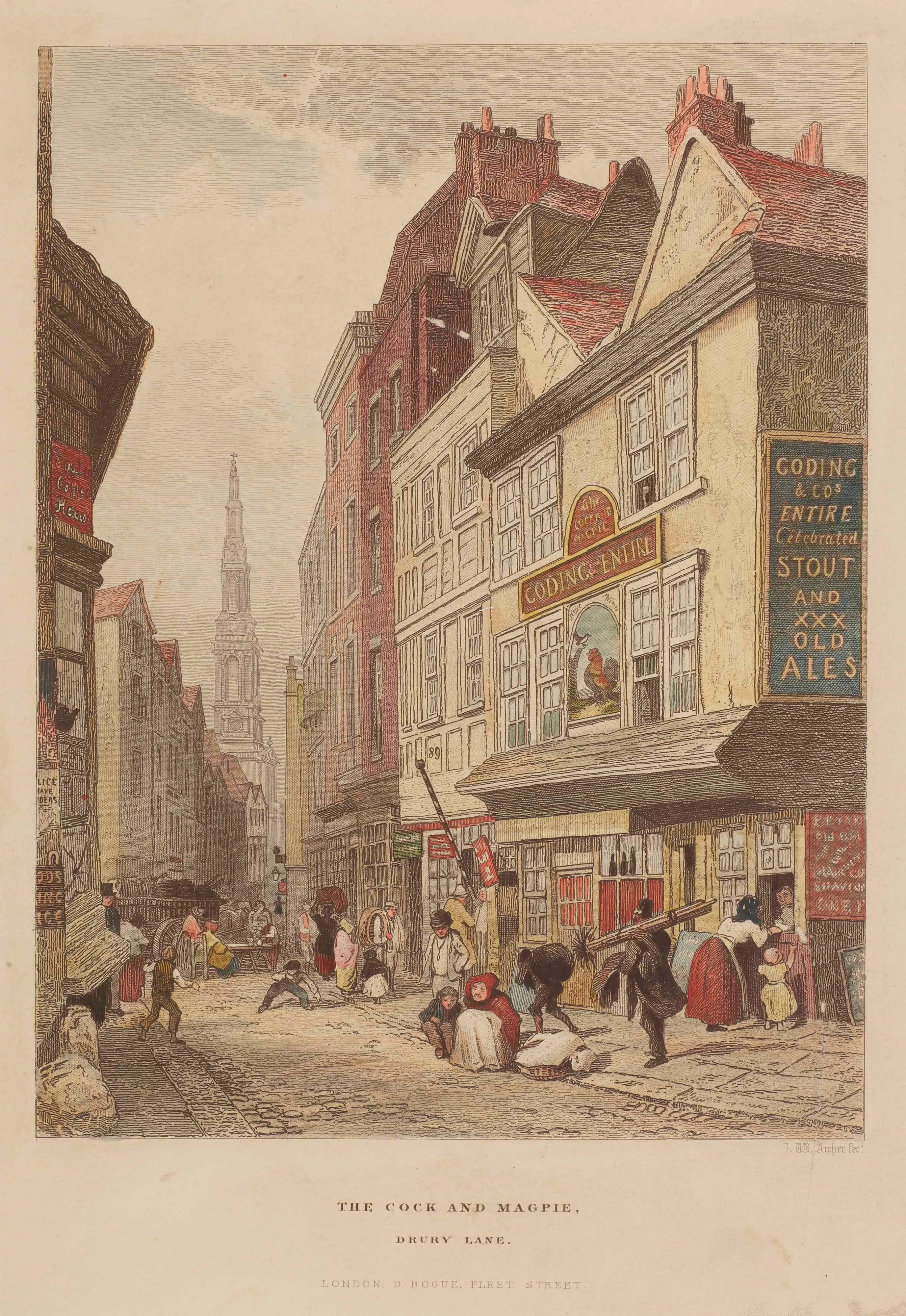 watercolour of a street scene by a tavern including a chimney sweep and woman crouched on the road