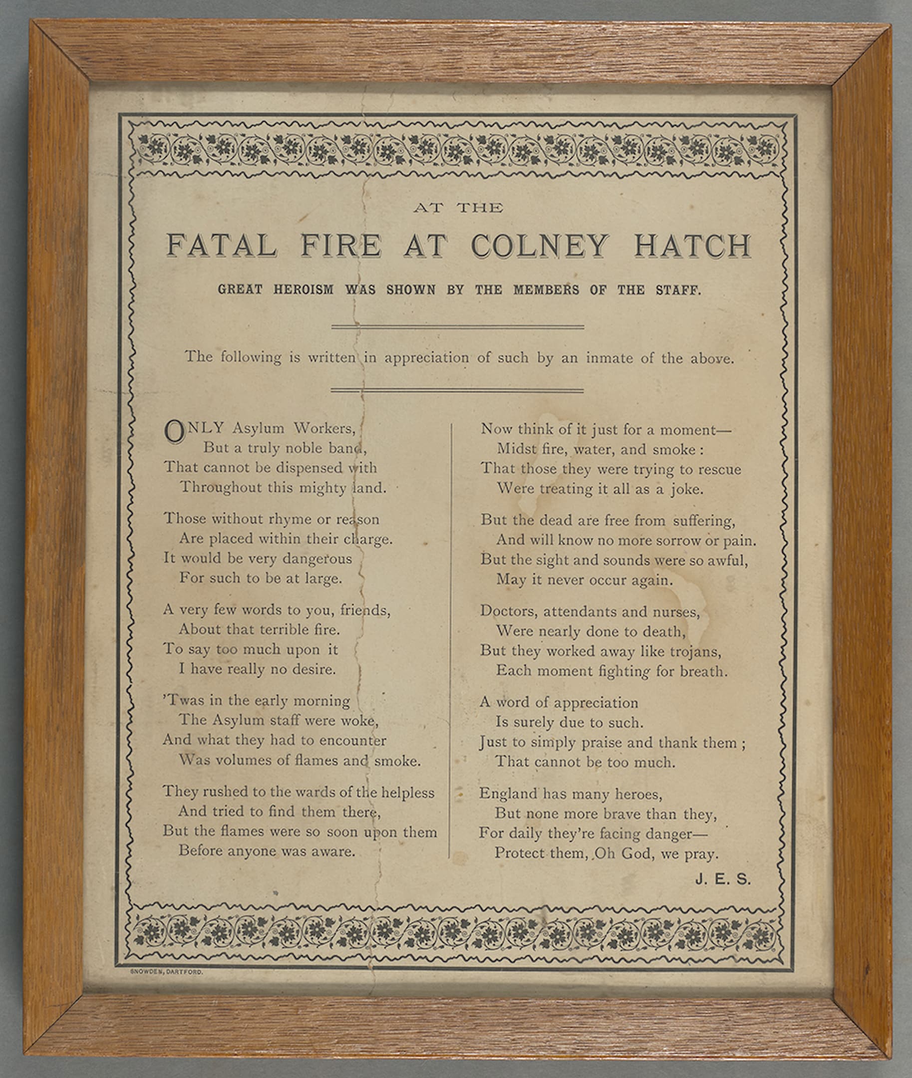 Framed poem of the 'Fatal Fire at Colney Hatch' in 1903.