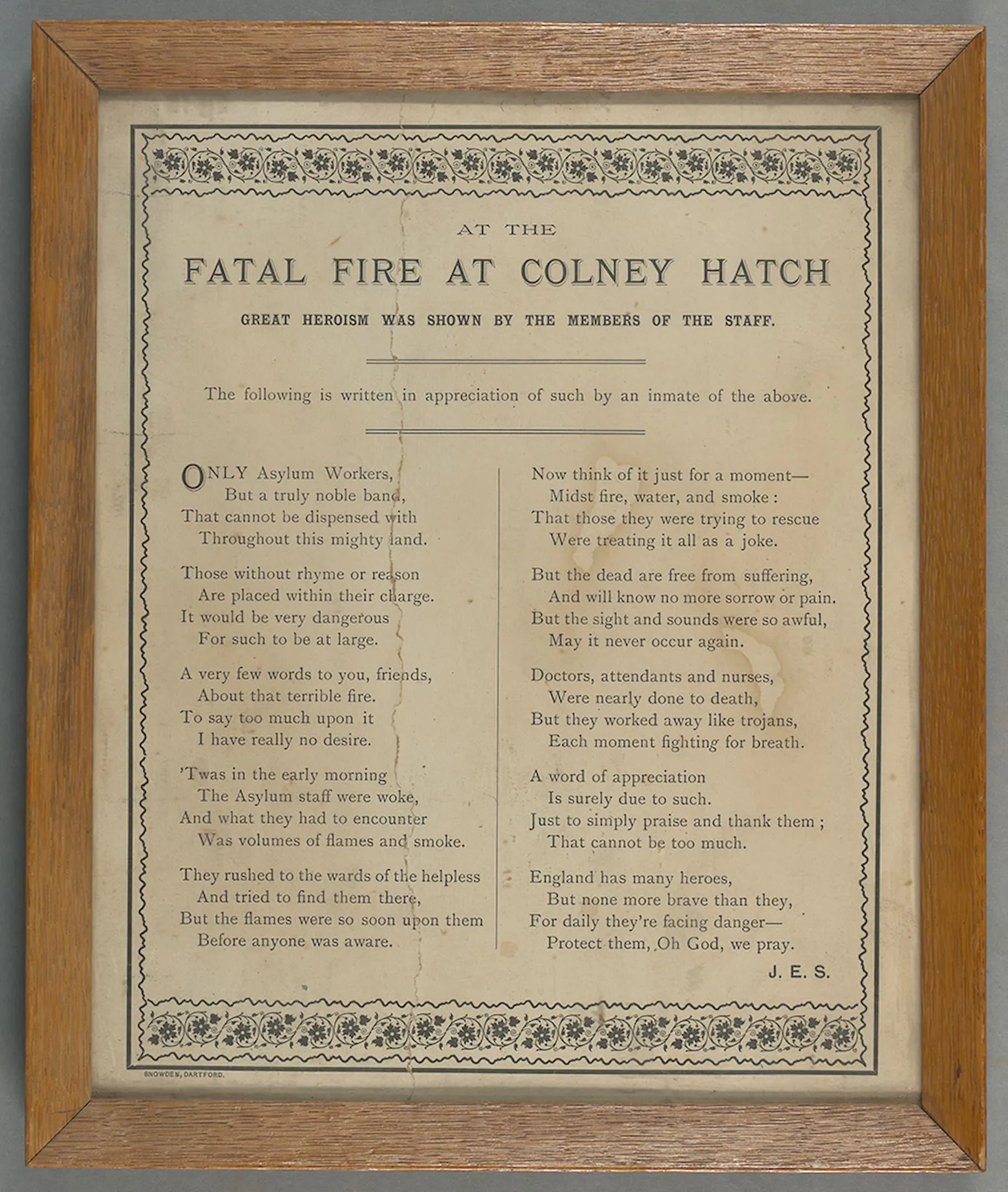 Framed poem of the 'Fatal Fire at Colney Hatch' in 1903.