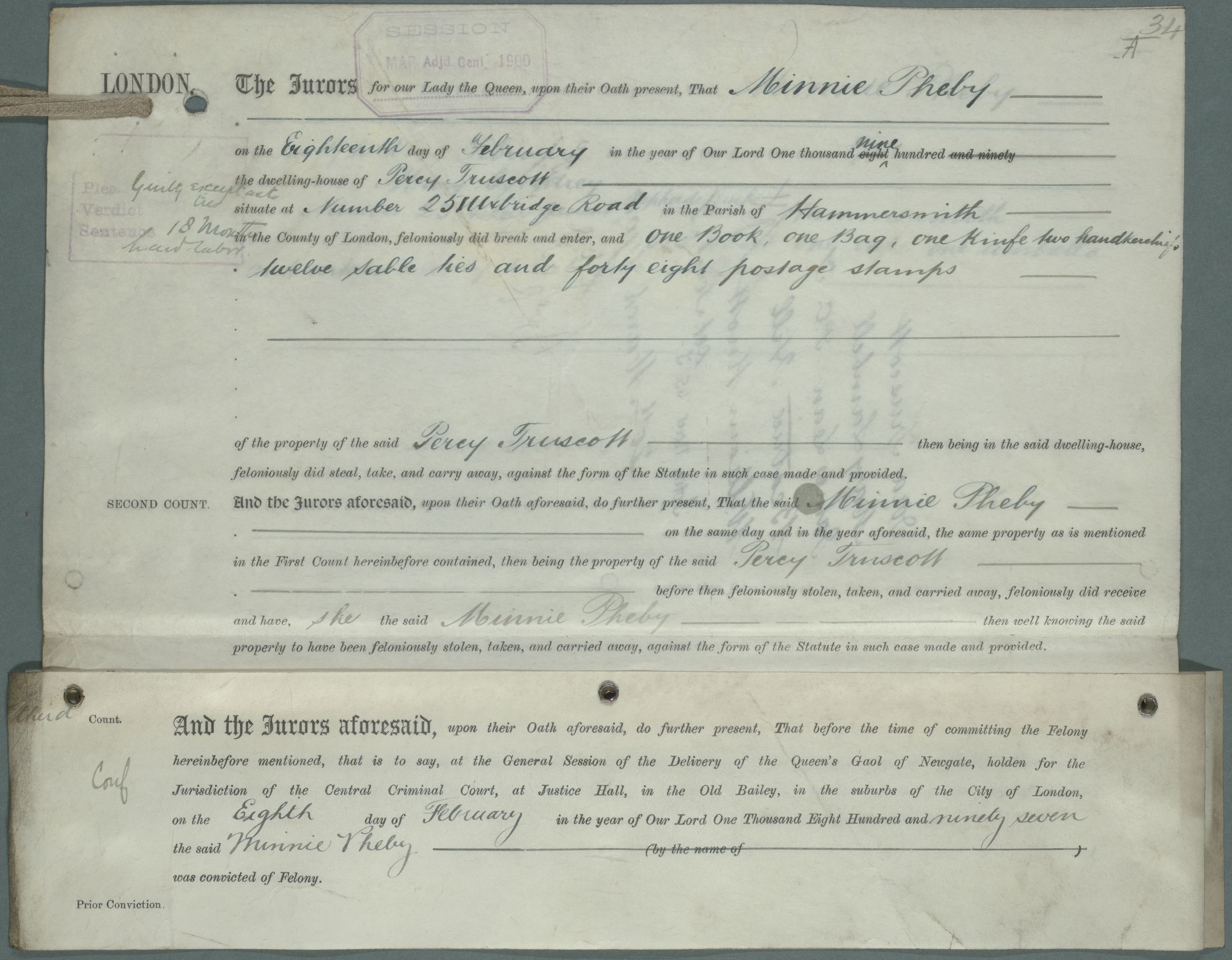 Minnie Pheby's indictment from 1900 in the County of London Sessions 