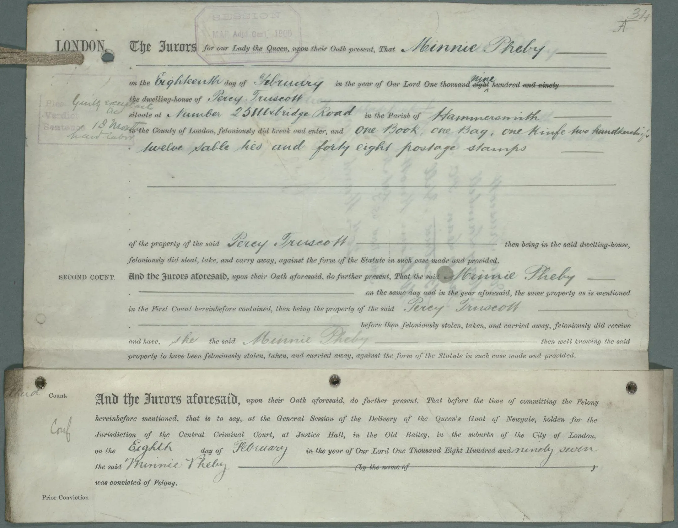 Minnie Pheby's indictment from 1900 in the County of London Sessions