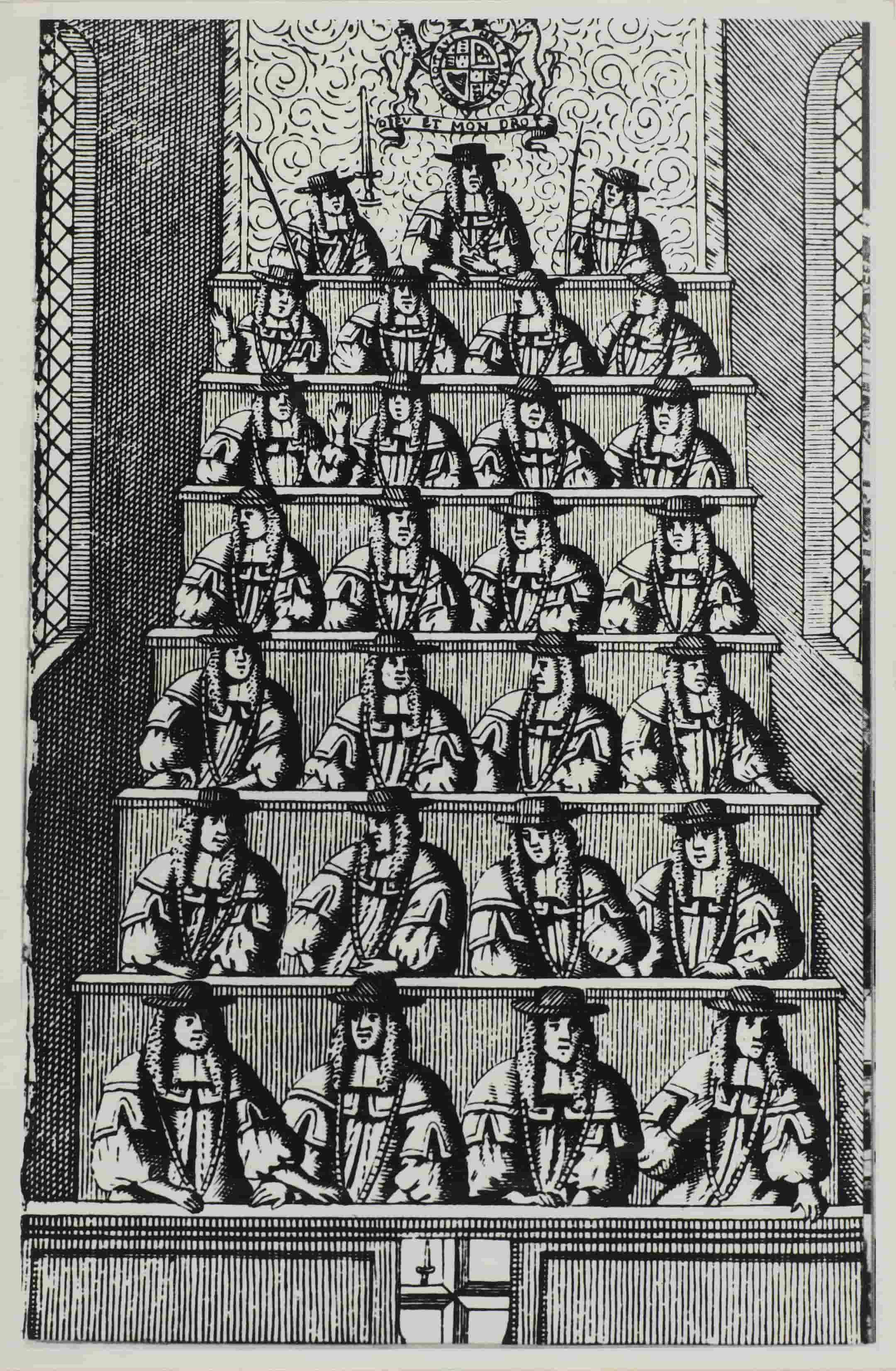 Seven rows of men sitting on benches