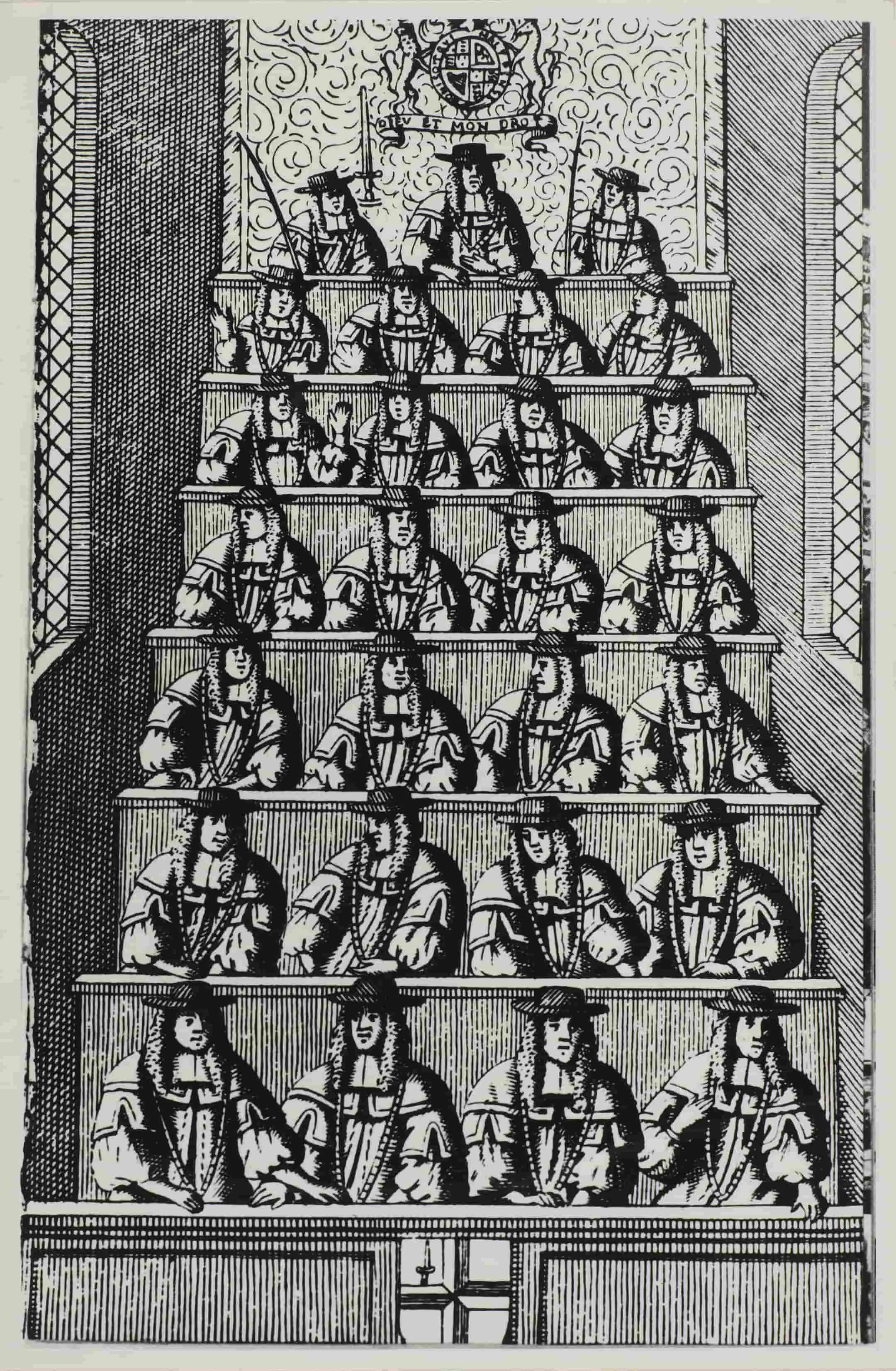 Seven rows of men sitting on benches