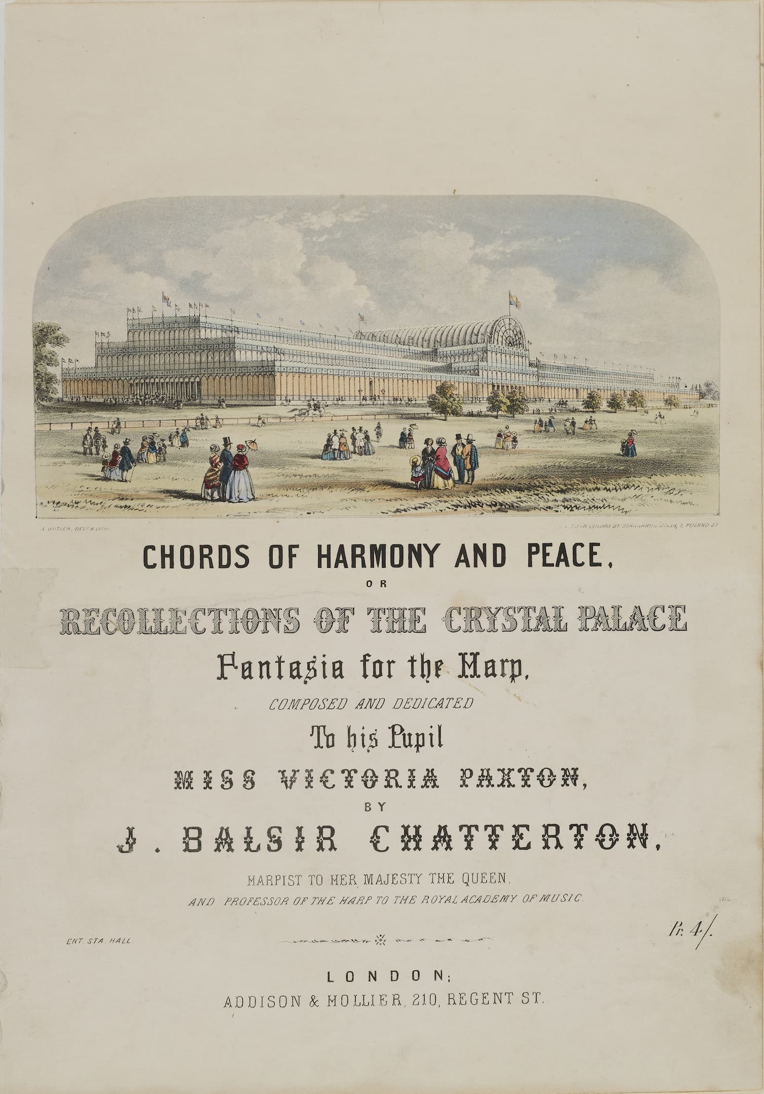 a crystal palace with people in the foreground and text relating to fantasia for the harp