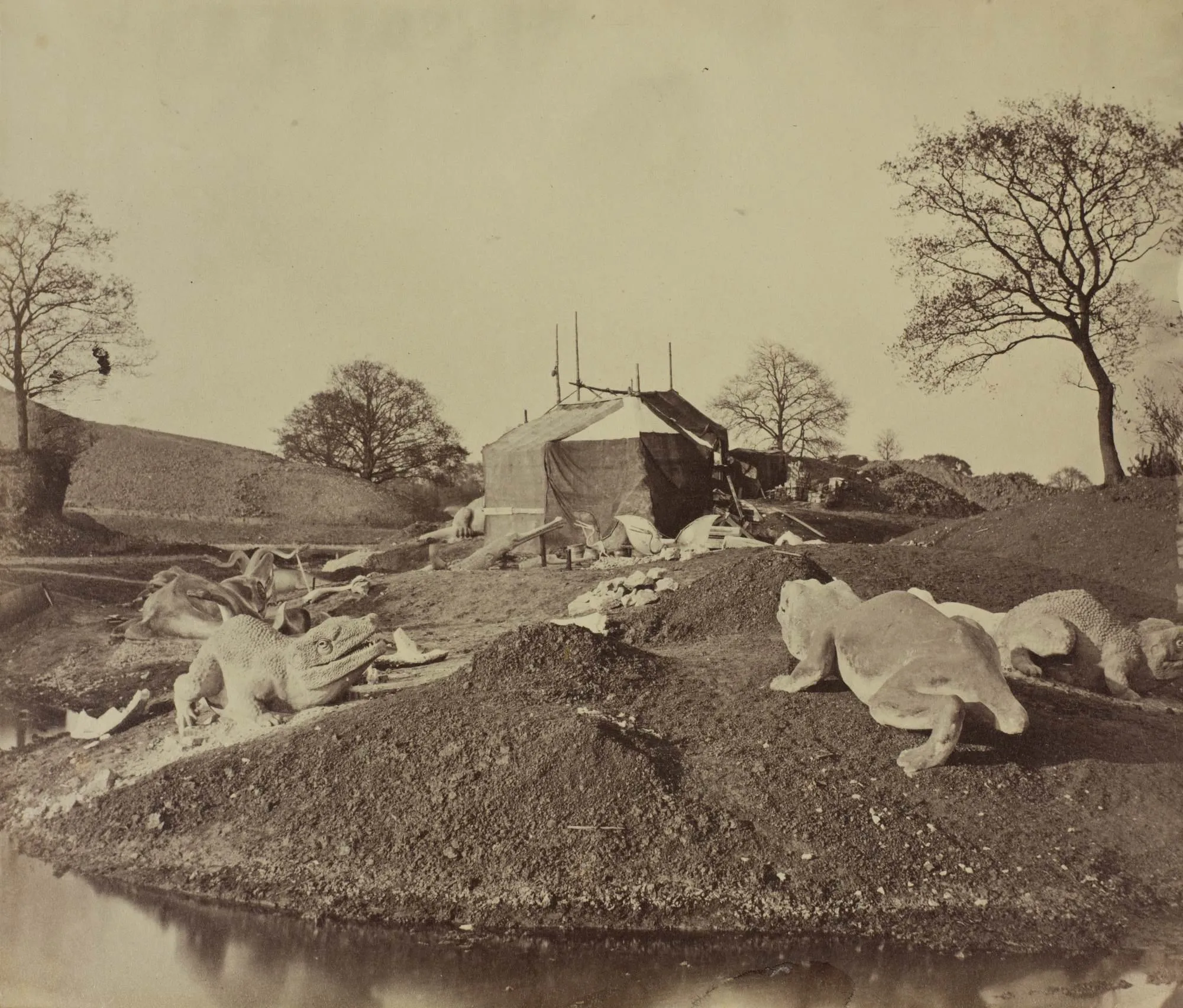 Photograph of models of dinosaurs at Crystal Palace exhibition site