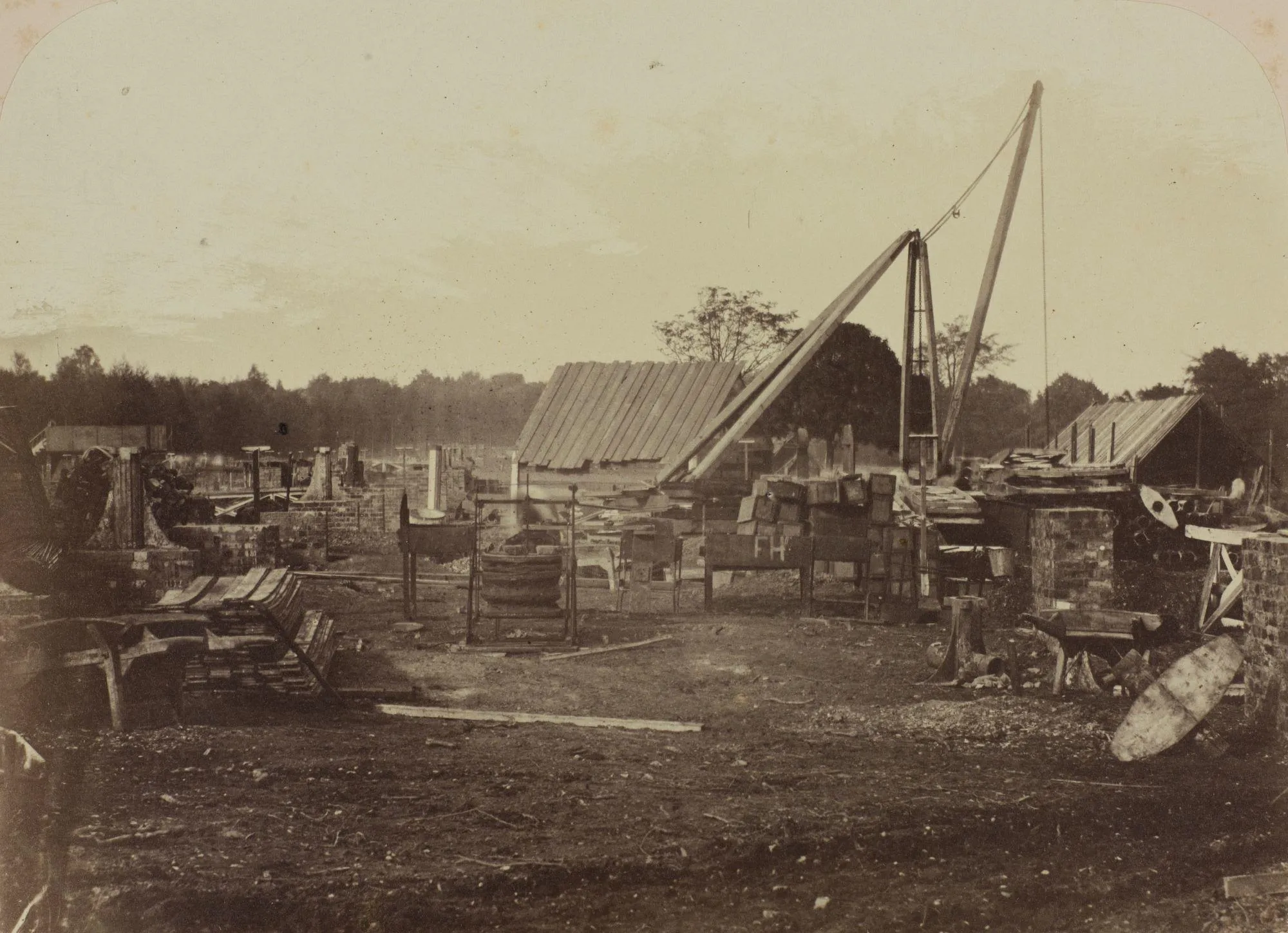 Early photograph showing construction work on the terraces of Crystal Palace exhibition halls