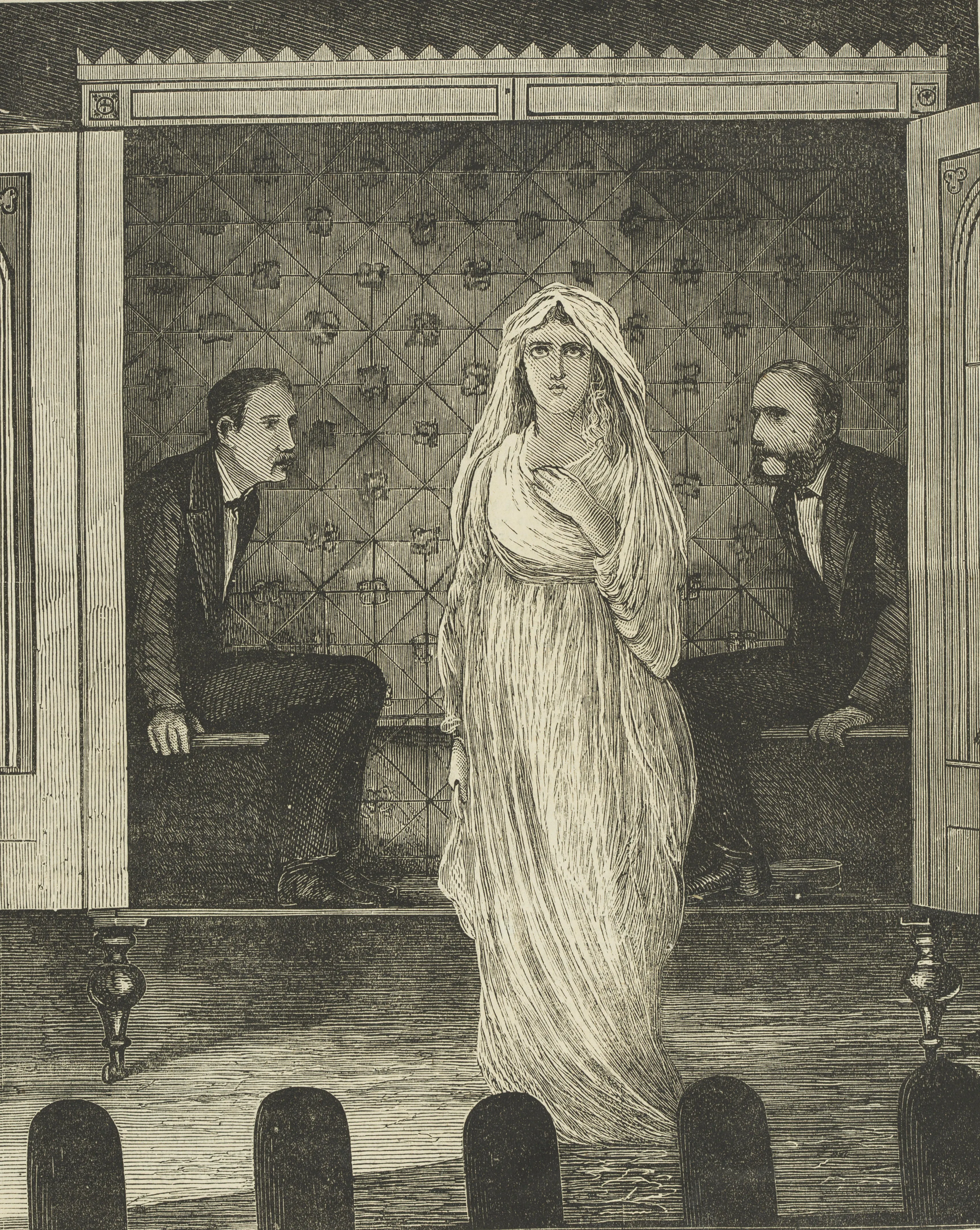 a ghostly figure of a woman with two men seated behind