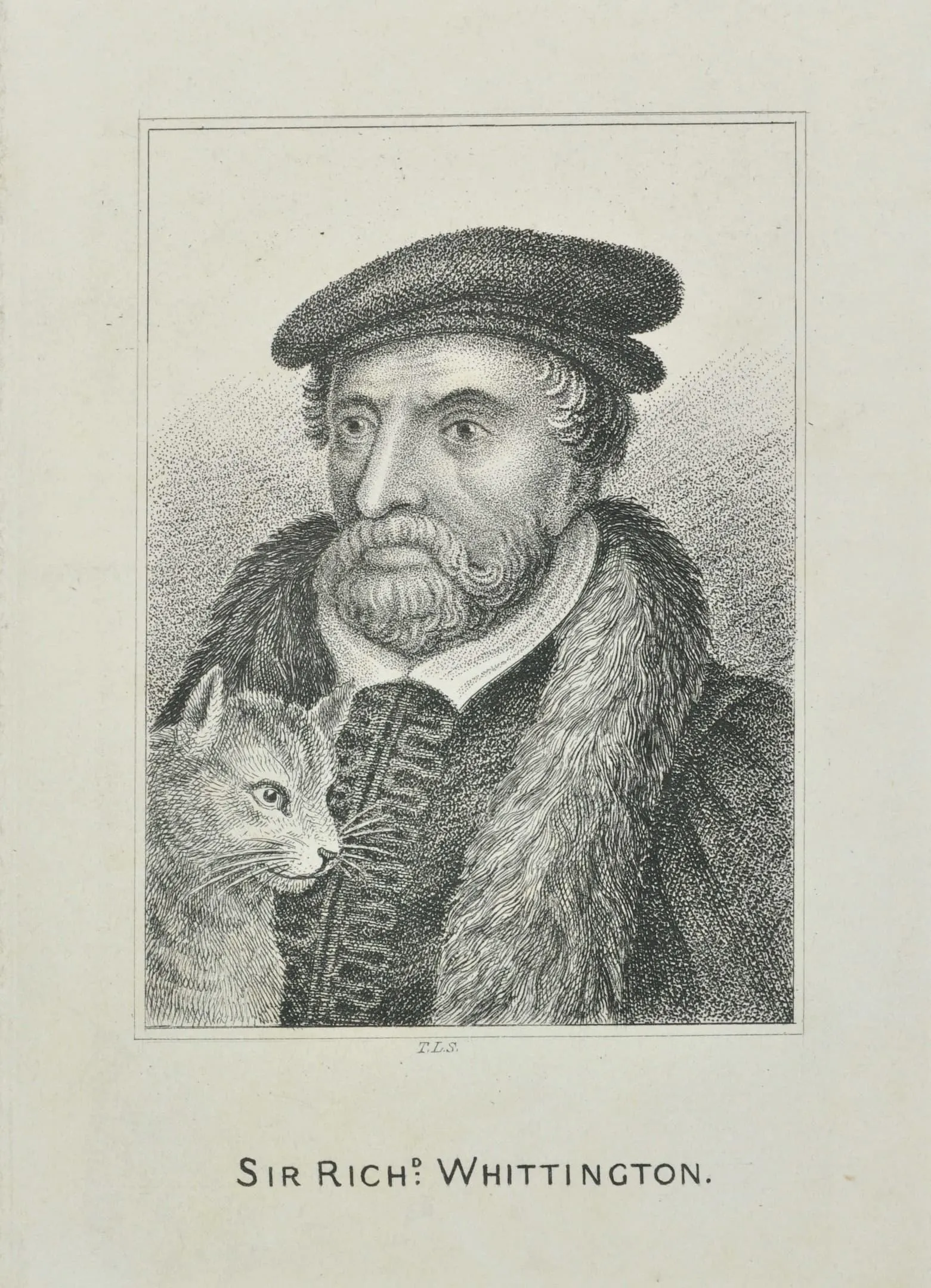 a man with moustache and beard and pelt around his neck sits with a cat looking on