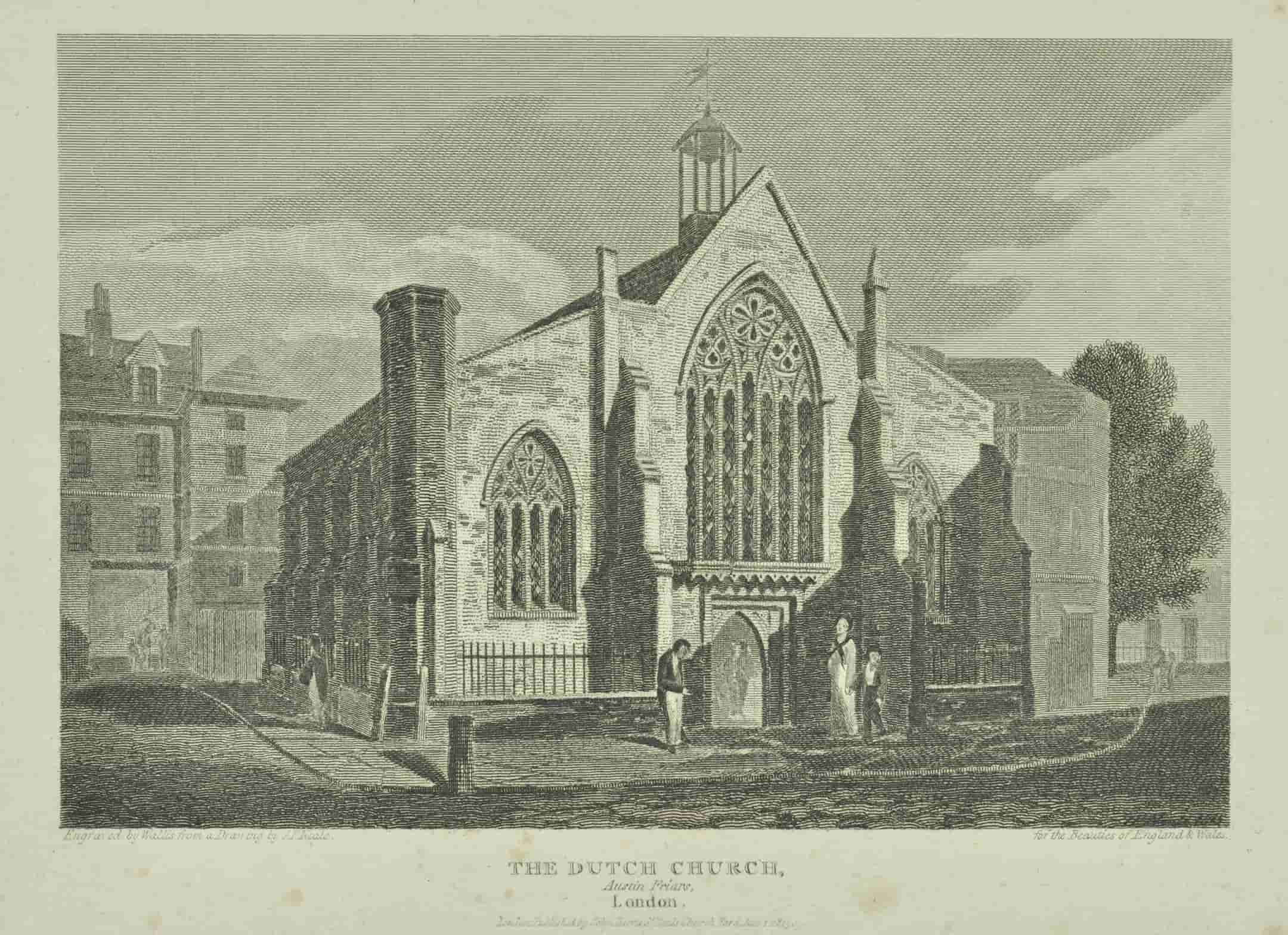 Outside of a church with a few people standing in front of the door