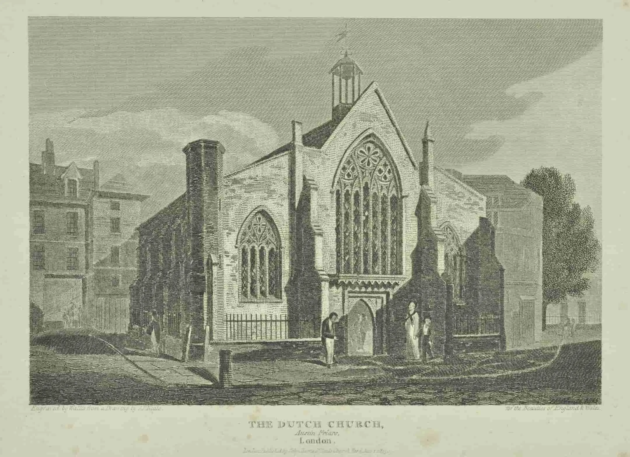 Outside of a church with a few people standing in front of the door