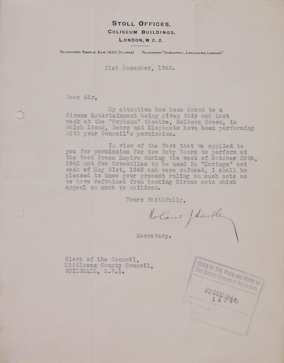 Type written letter discussing "Circus Entertainment" 