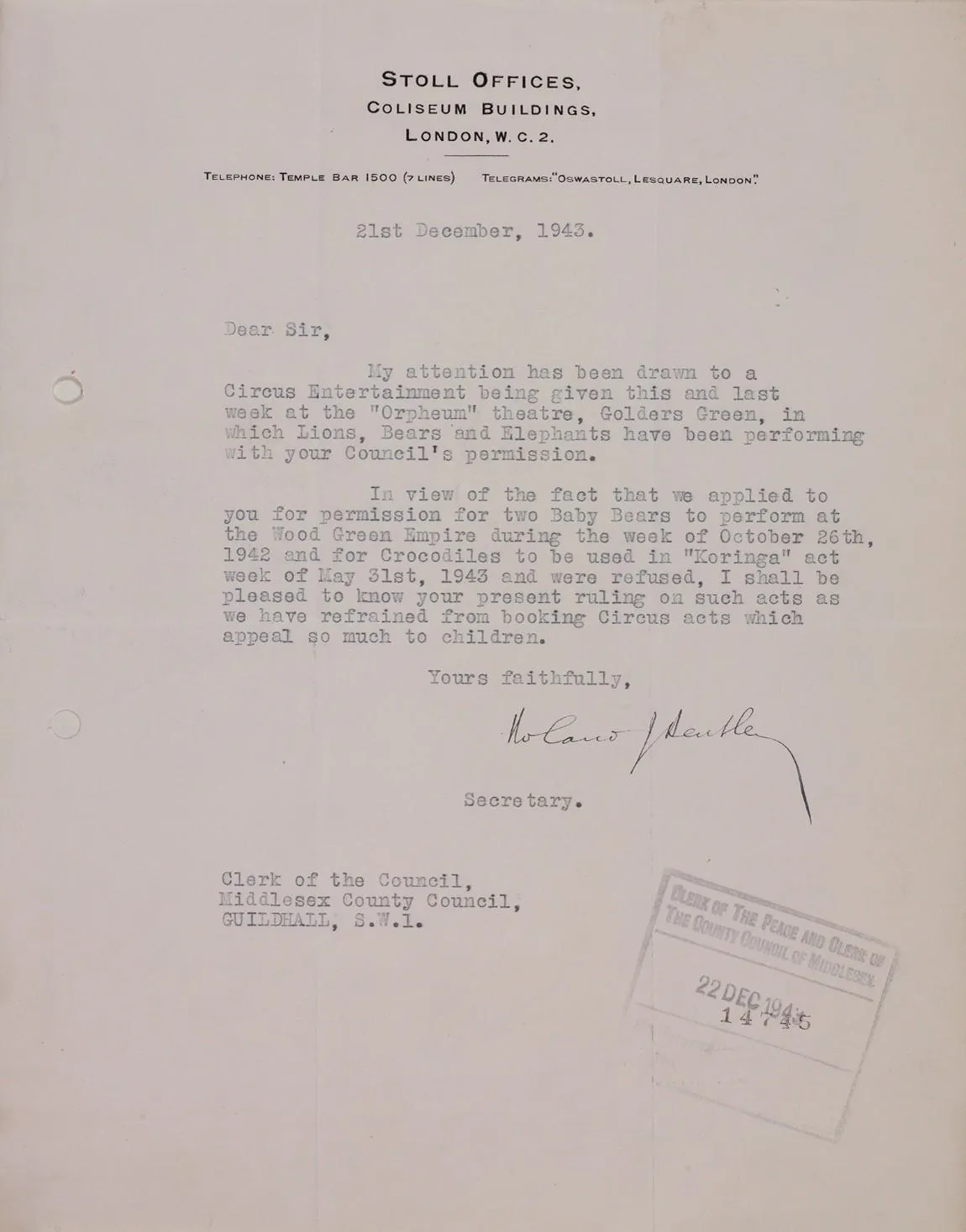 Type written letter discussing "Circus Entertainment"